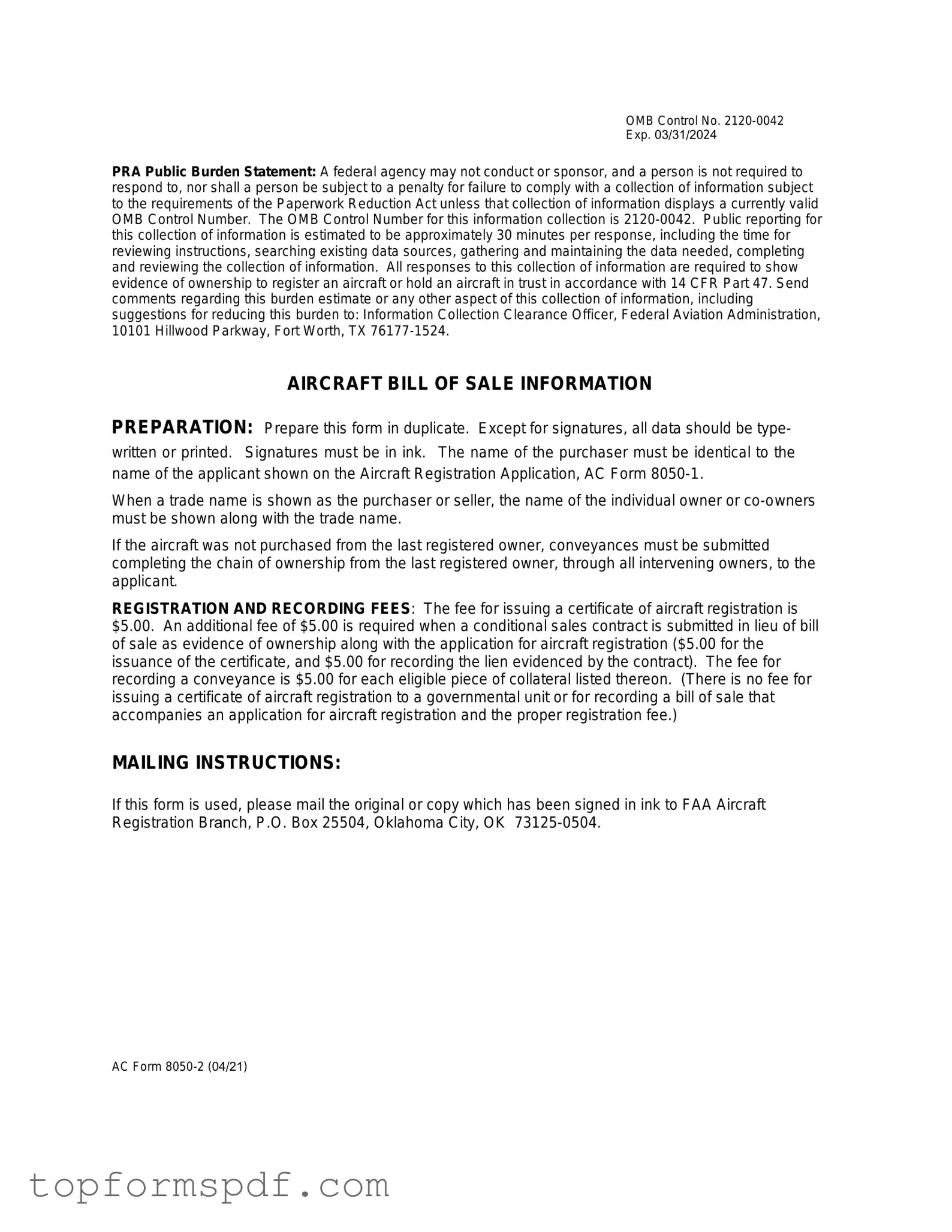 Aircraft Bill of Sale AC 8050-2 Template
