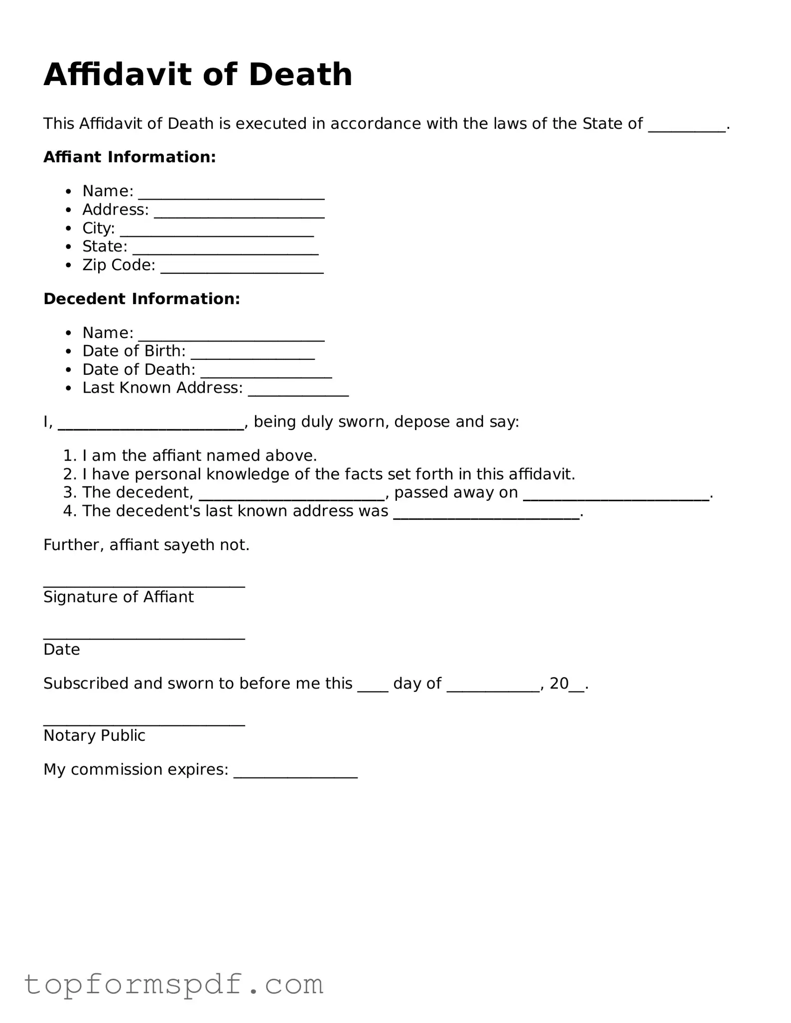 Legal Affidavit of Death Form
