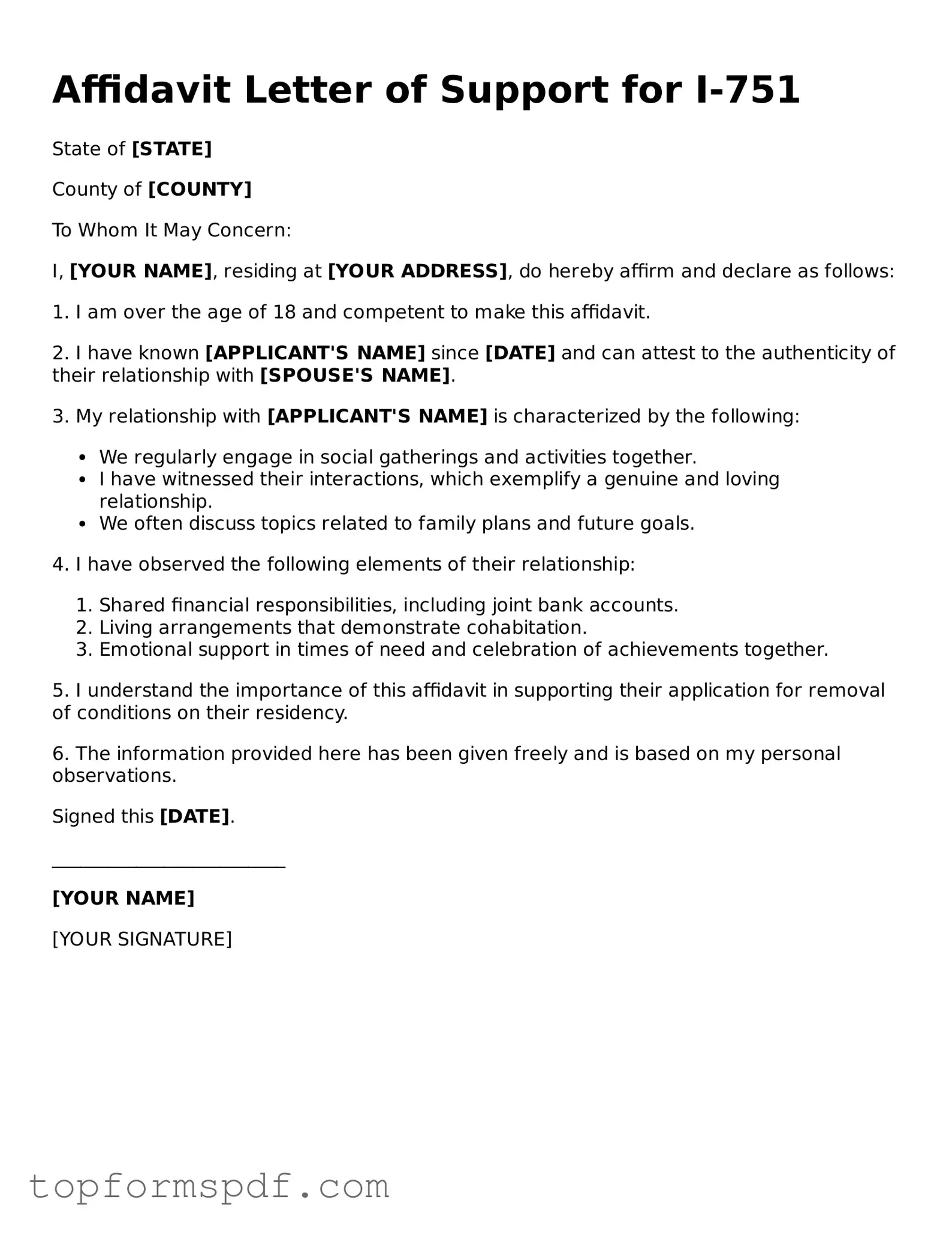 Legal Affidavit Letter of Support for I-751 Form