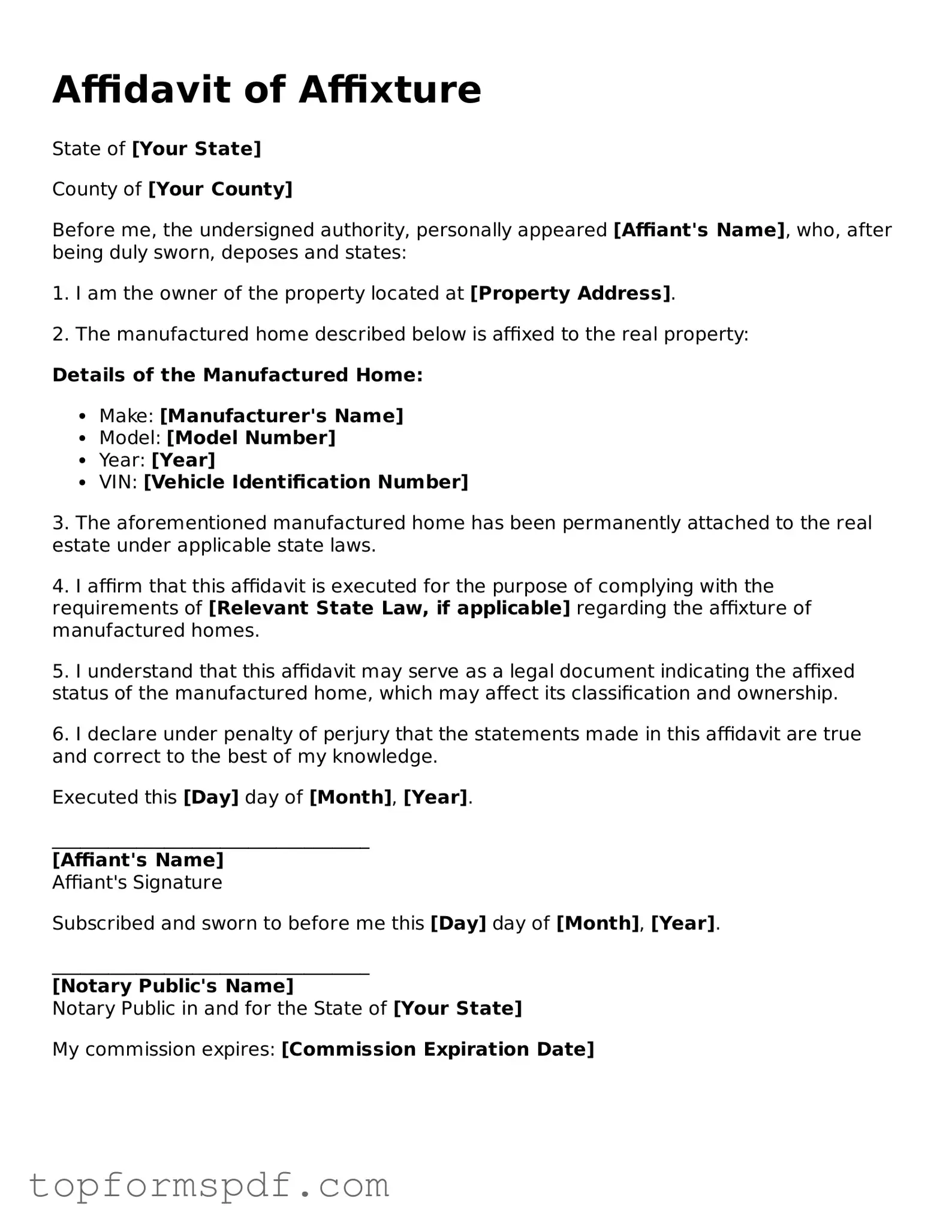 Legal Affidavit of Affixture Form