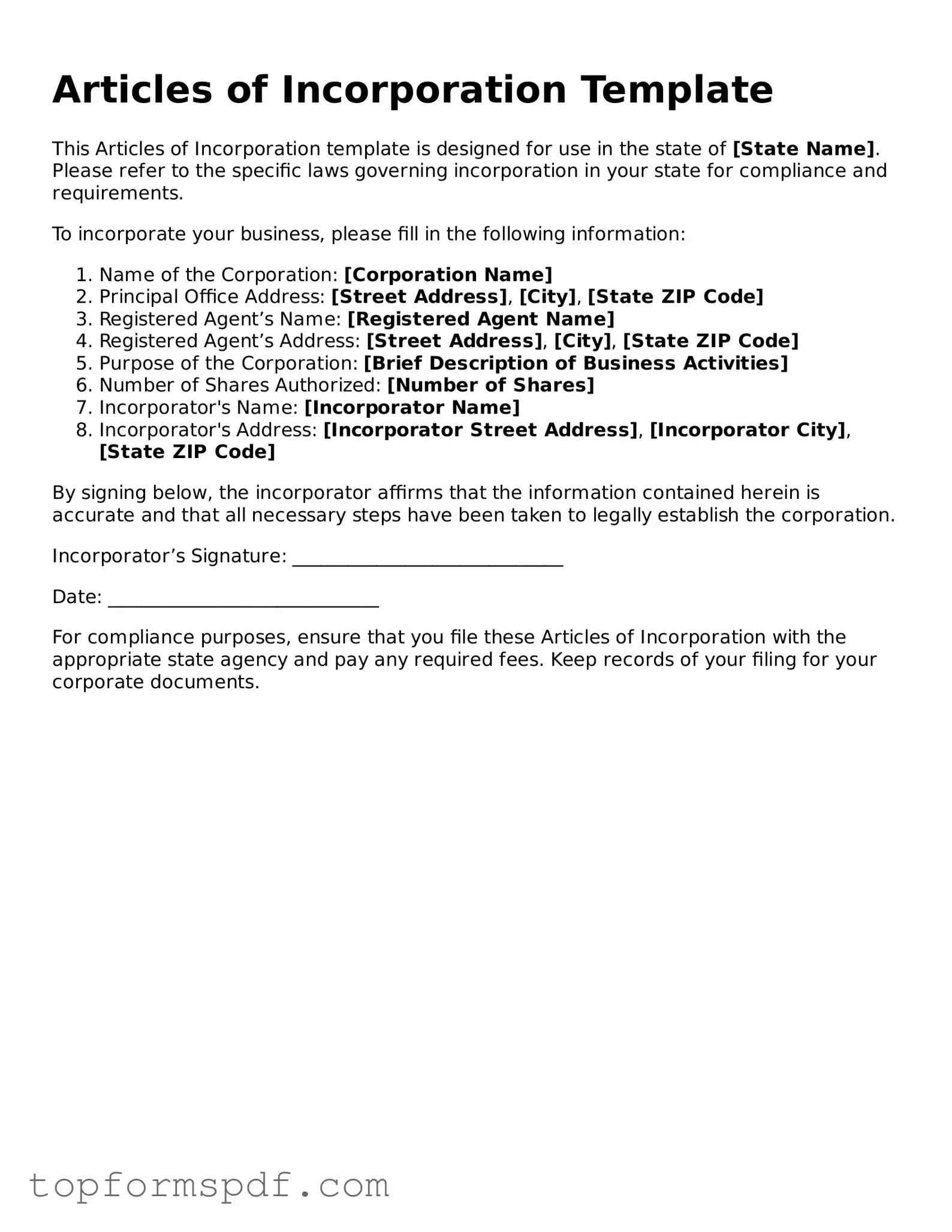 Legal Articles of Incorporation Form