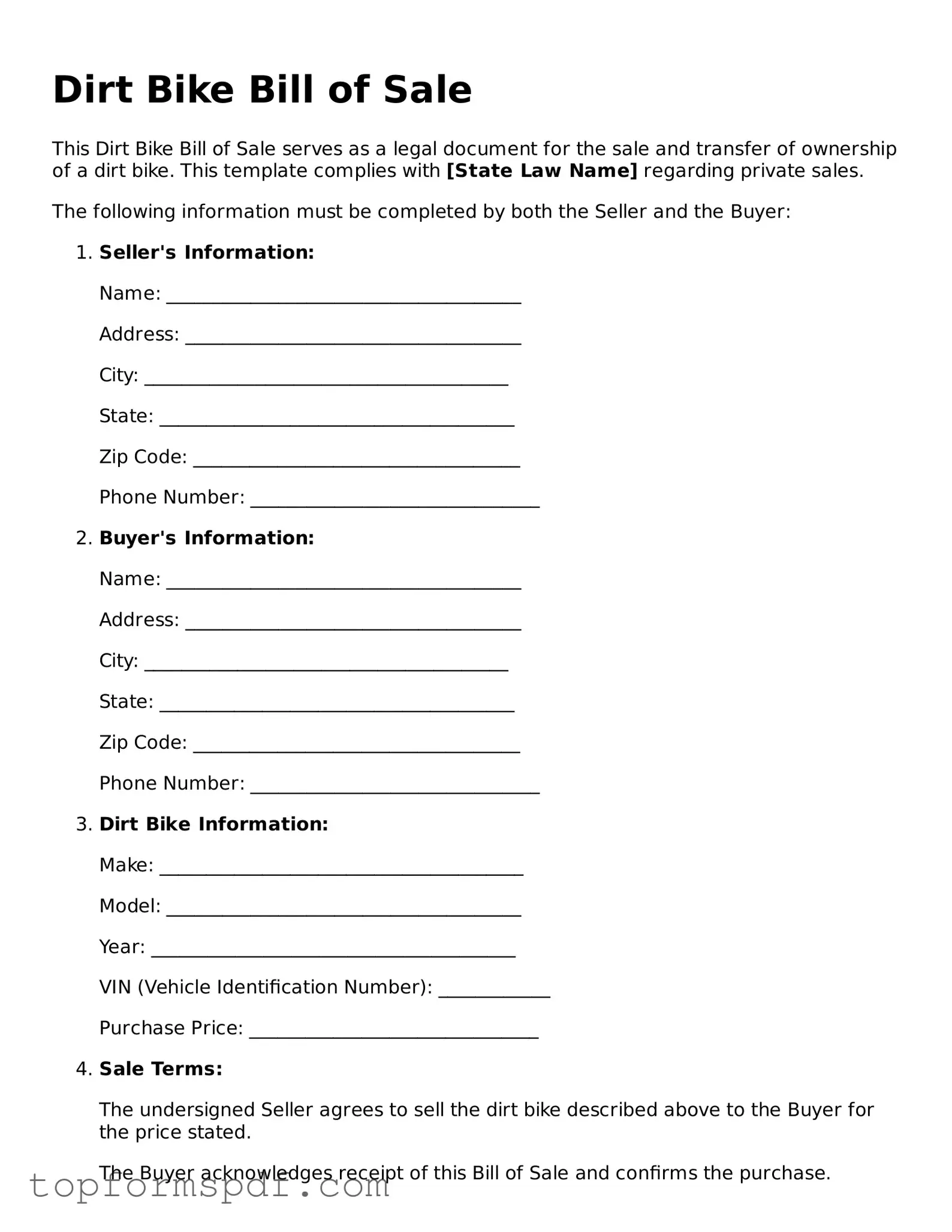Legal Dirt Bike Bill of Sale Form