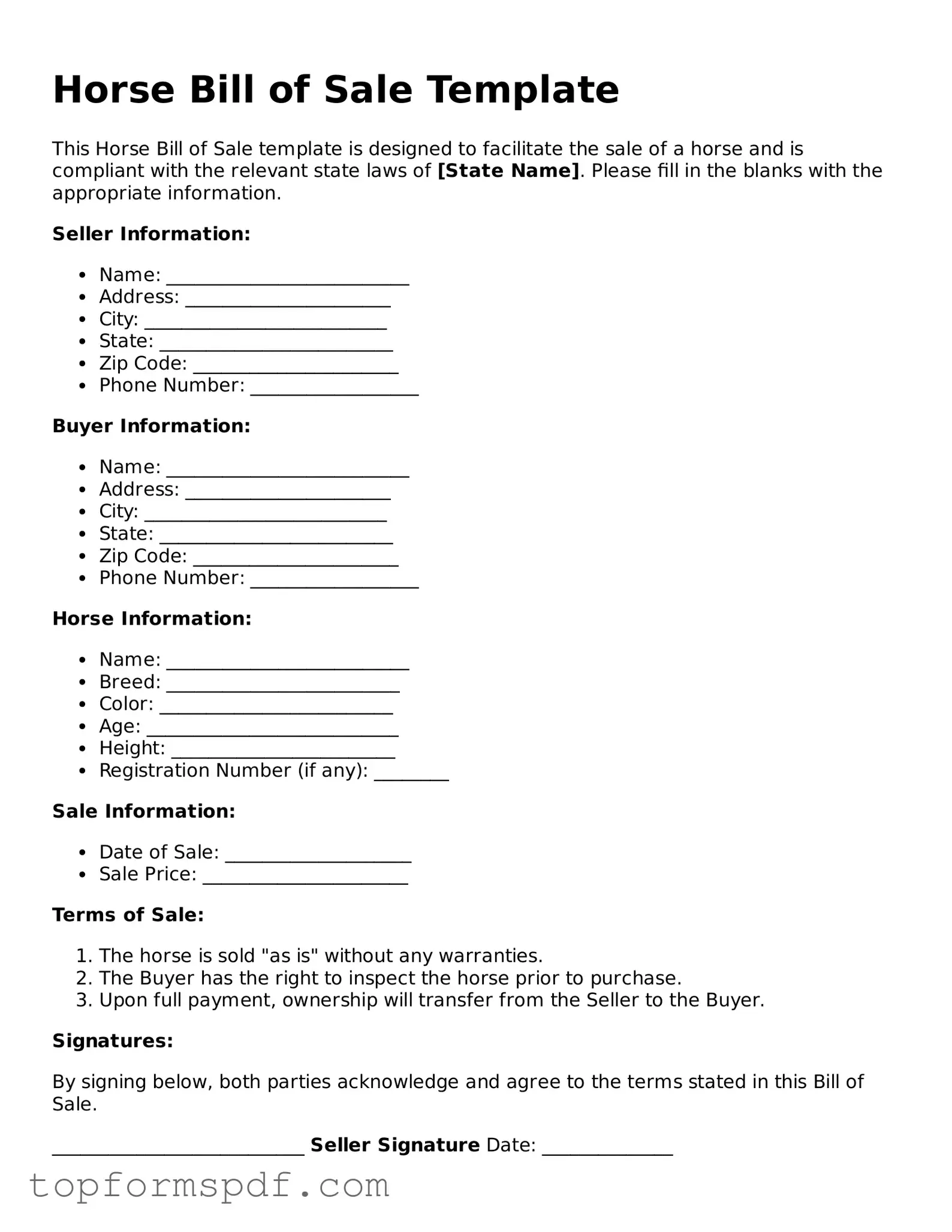 Legal Horse Bill of Sale Form