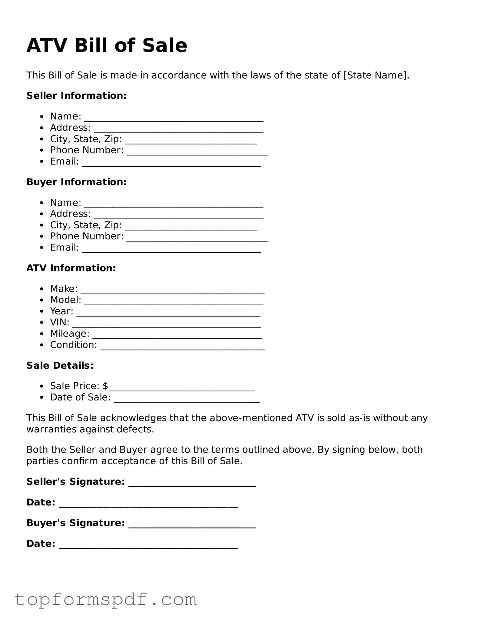 Legal ATV Bill of Sale Form
