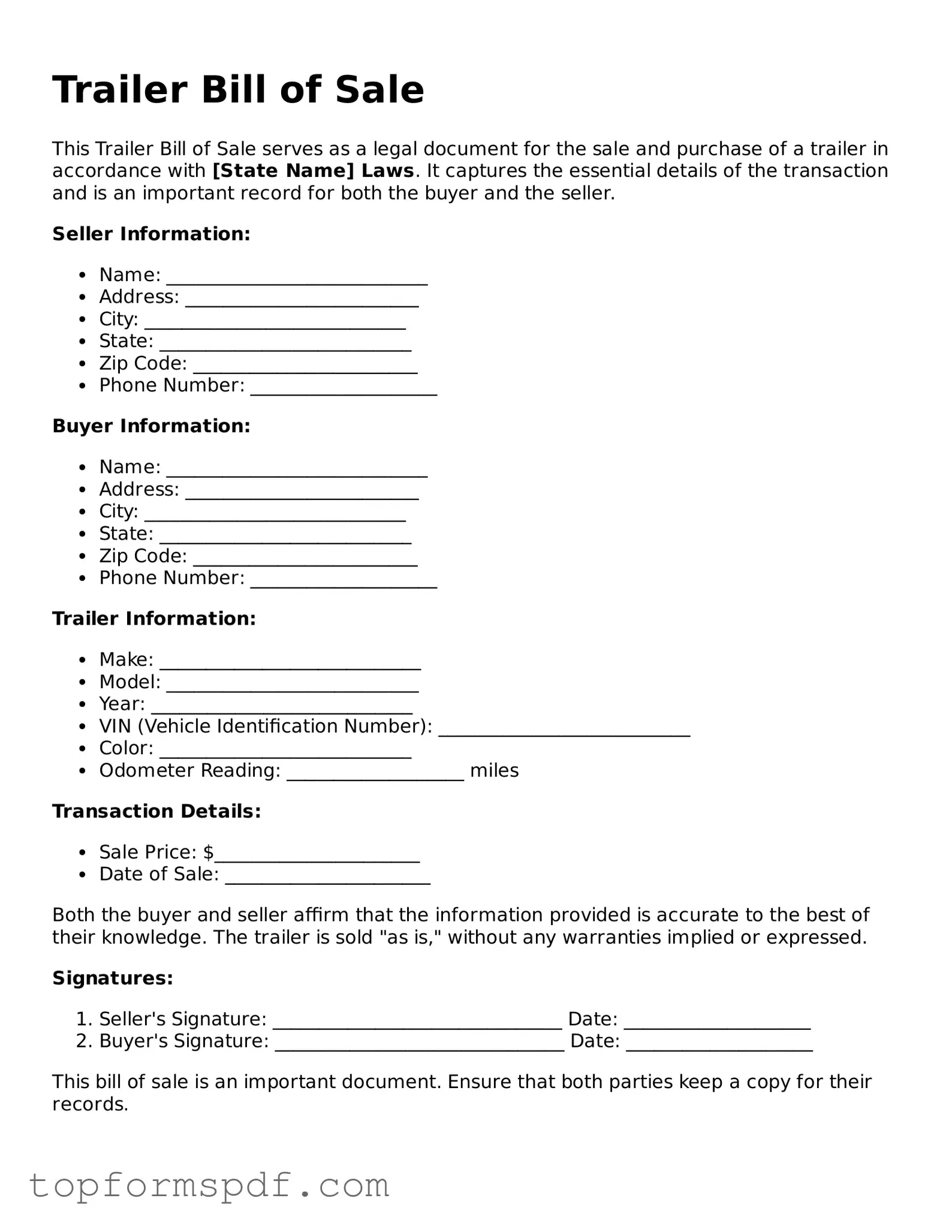 Legal Trailer Bill of Sale Form