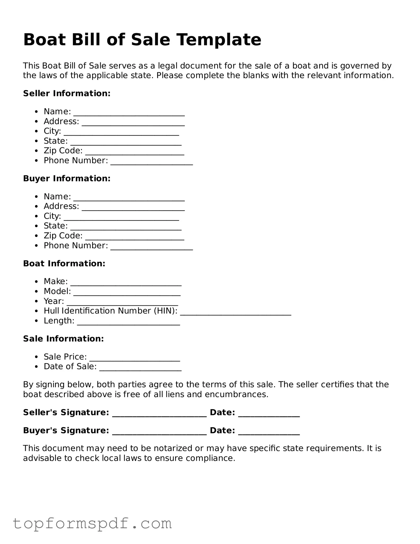 Legal Boat Bill of Sale Form