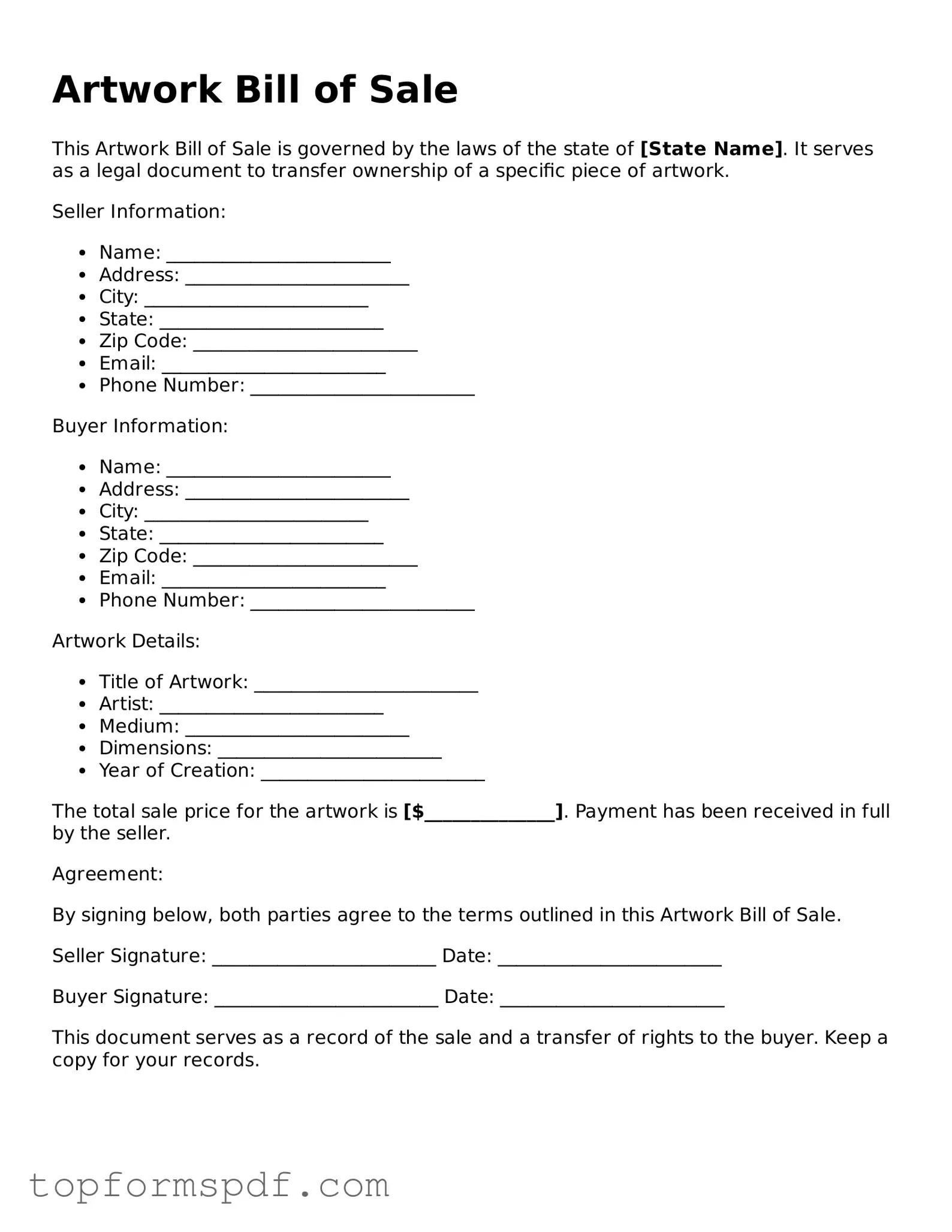 Legal Artwork Bill of Sale Form