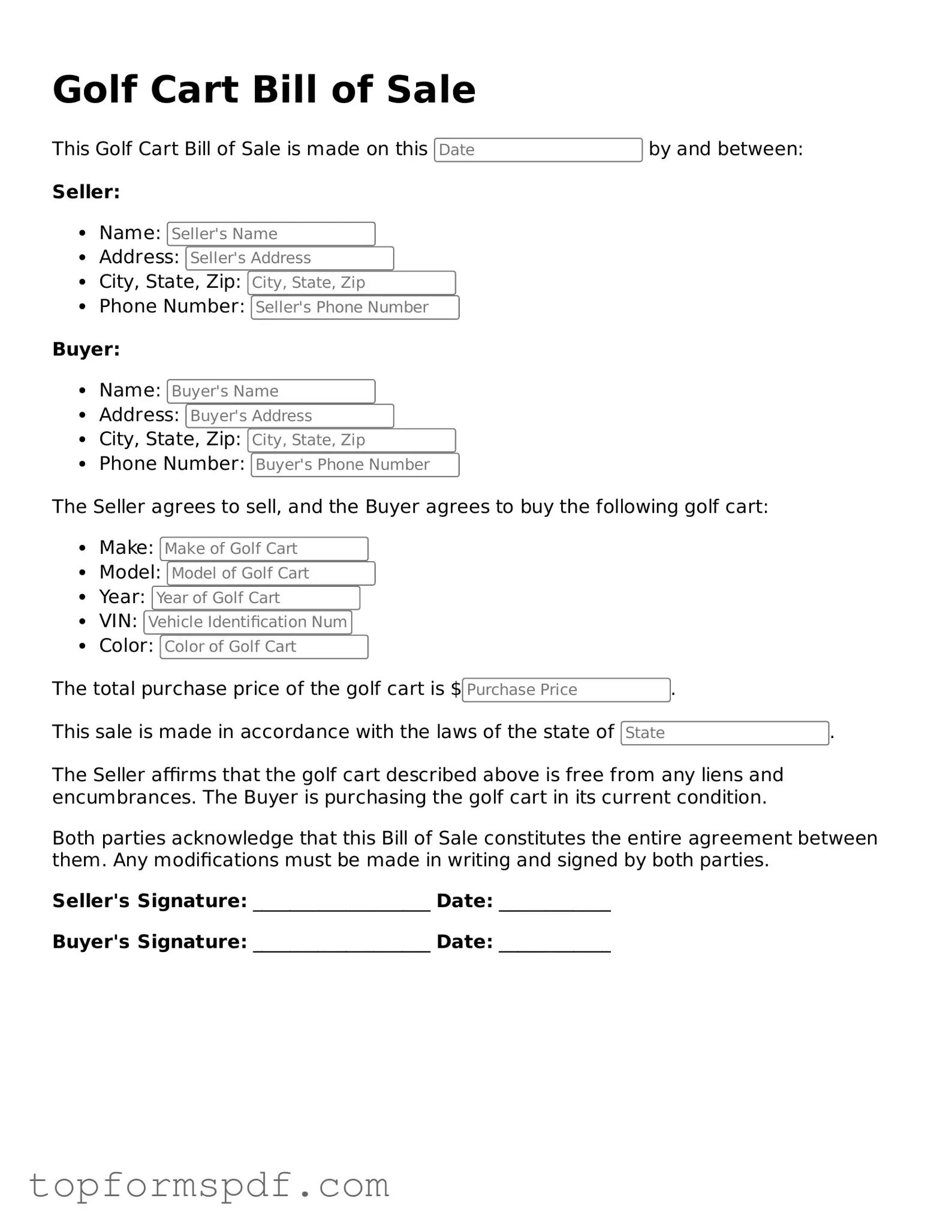Legal Golf Cart Bill of Sale Form