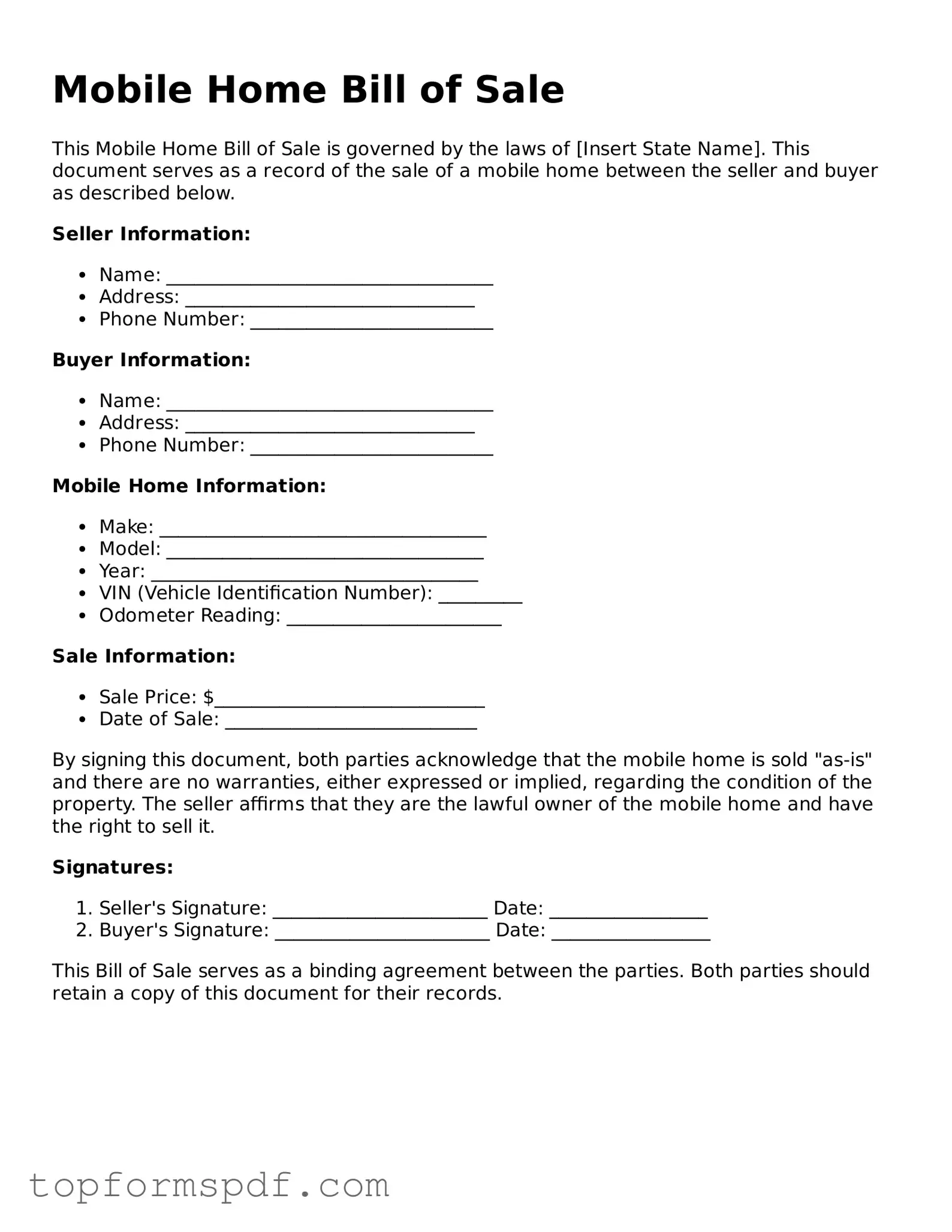 Legal Mobile Home Bill of Sale Form