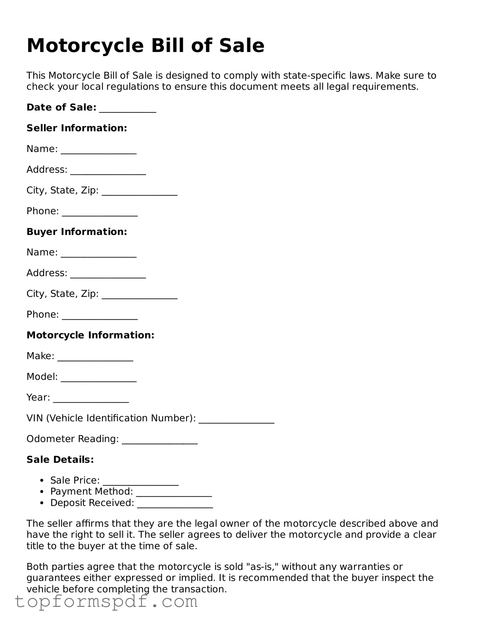 Legal Motorcycle Bill of Sale Form
