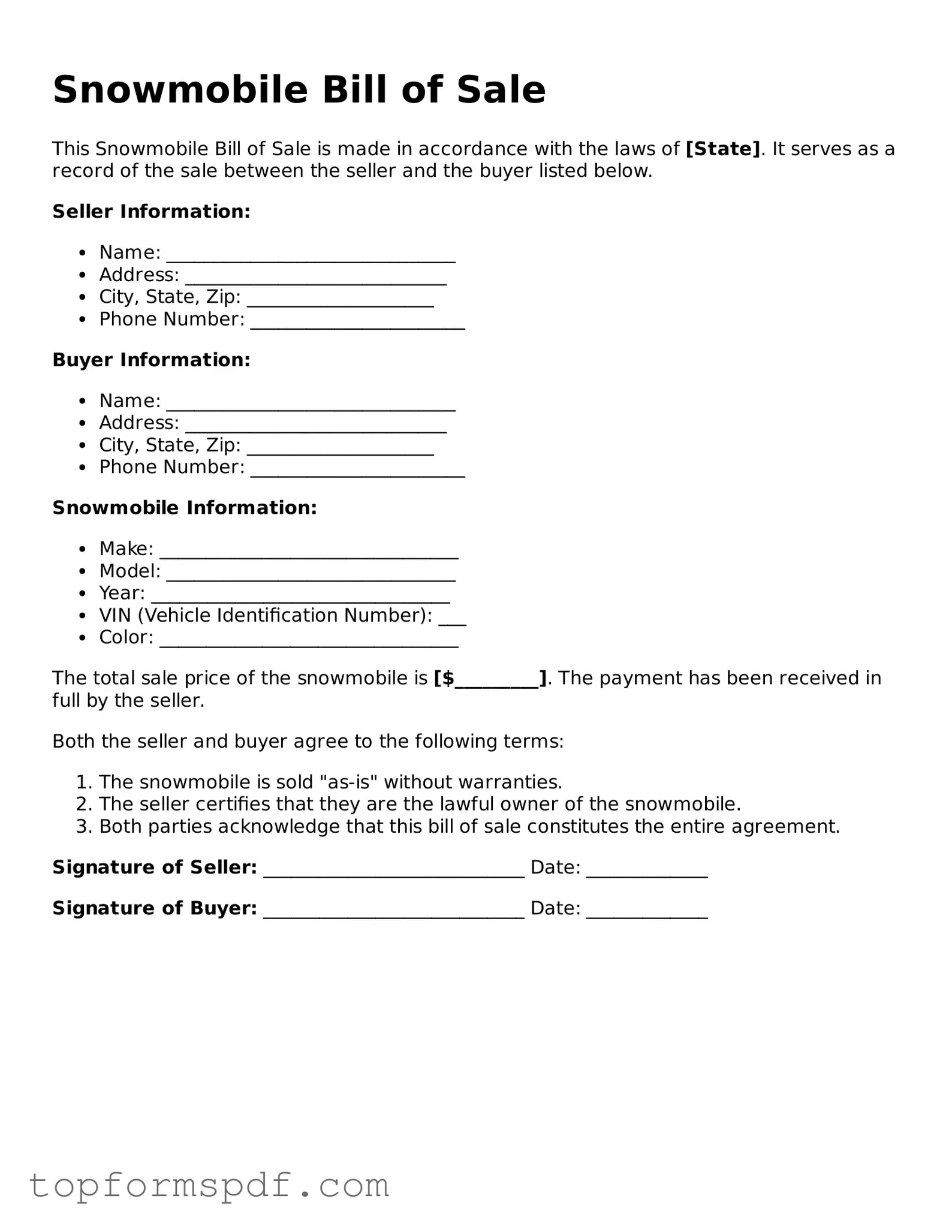 Legal Snowmobile Bill of Sale Form