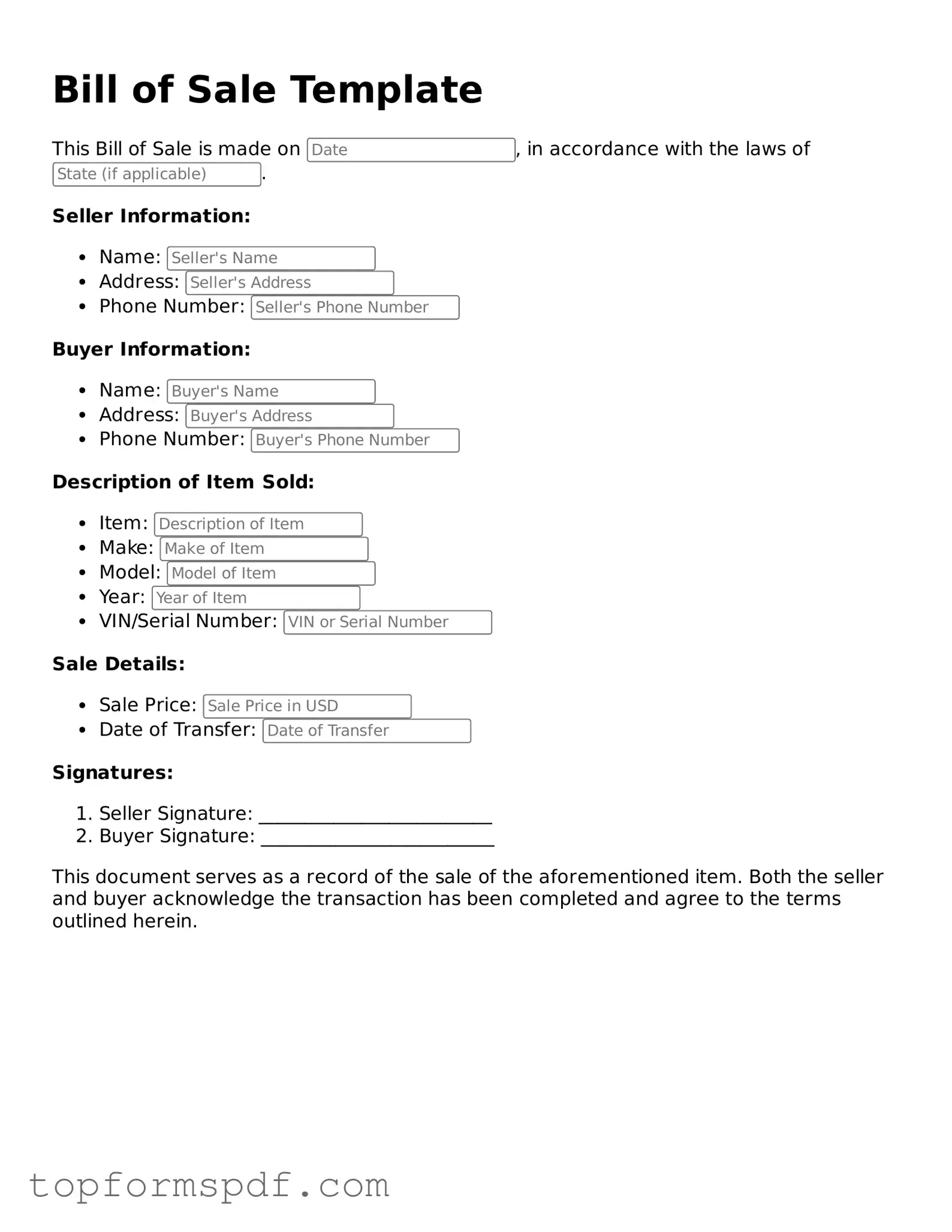 Legal Bill of Sale Form