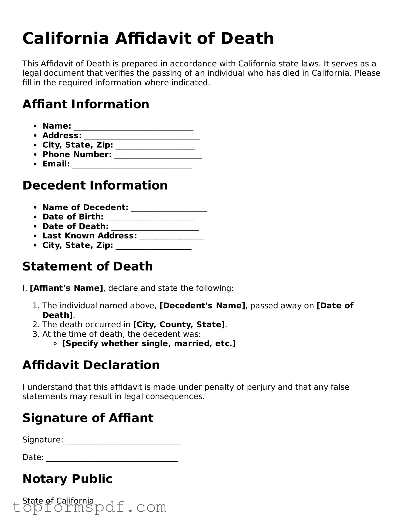 Blank California Affidavit of Death Template