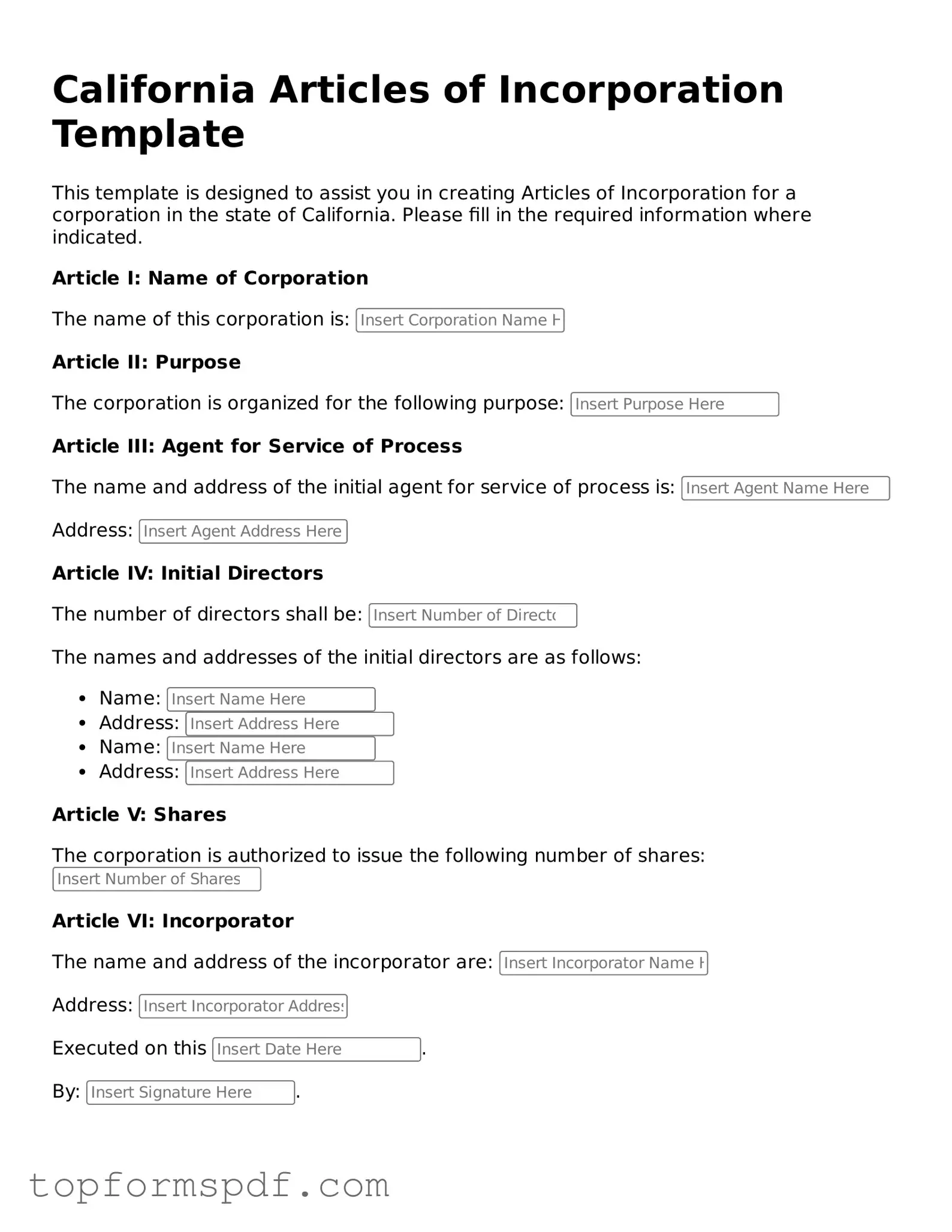 Blank California Articles of Incorporation Template