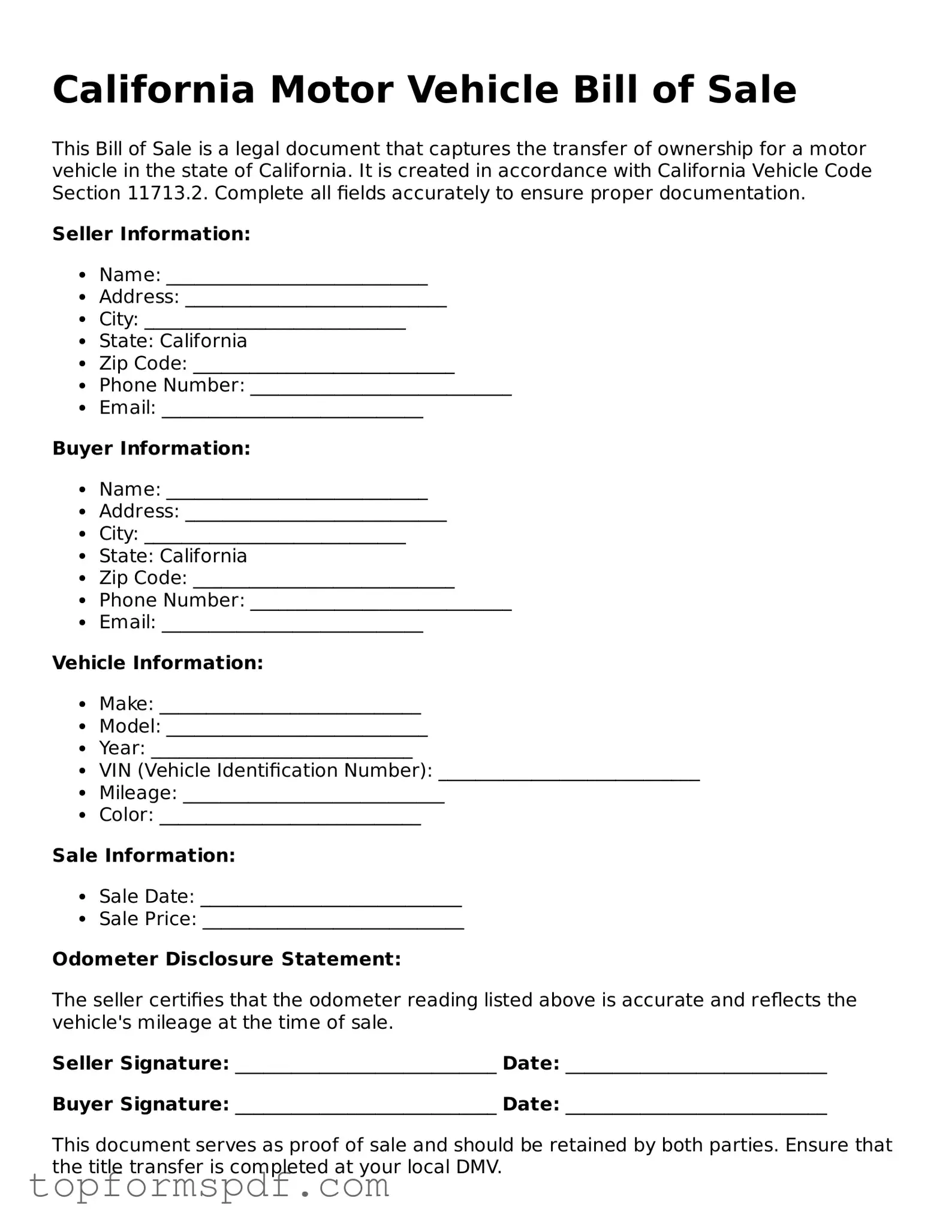 Blank California Motor Vehicle Bill of Sale Template