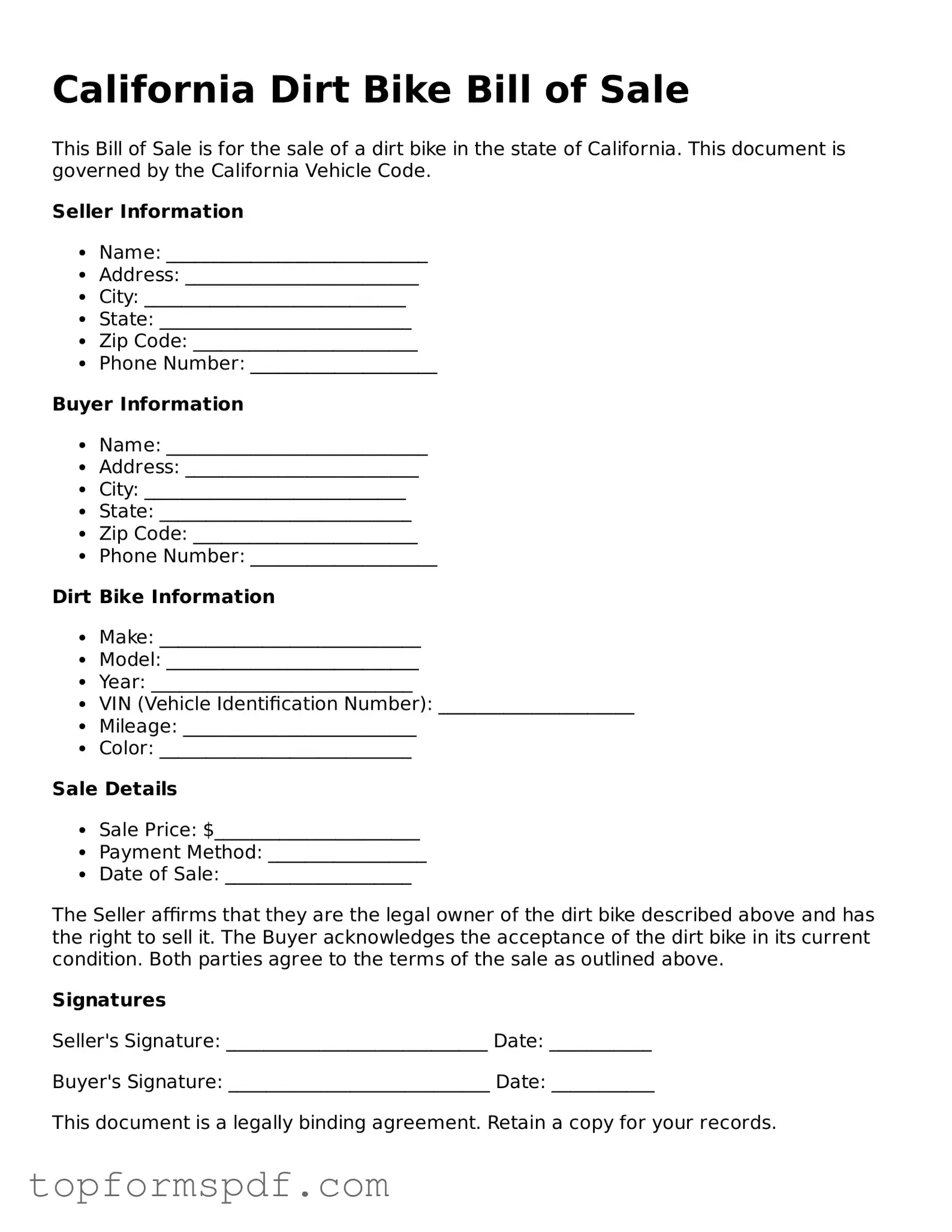 Blank California Dirt Bike Bill of Sale Template