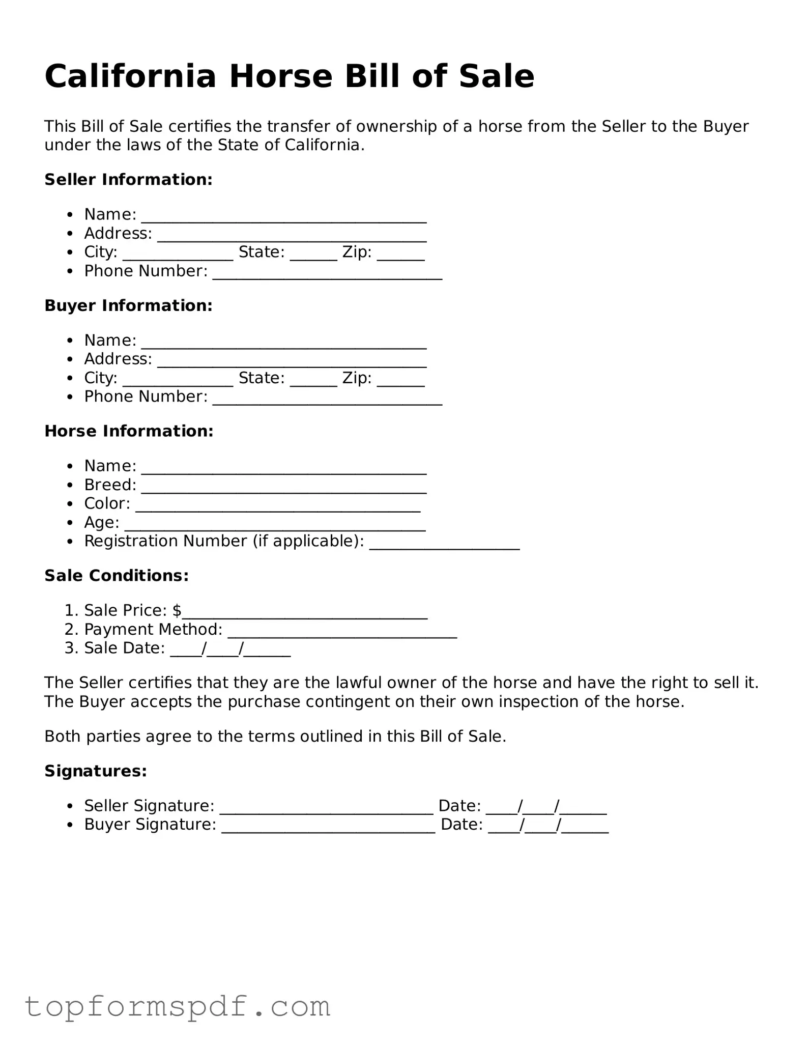 Blank California Horse Bill of Sale Template