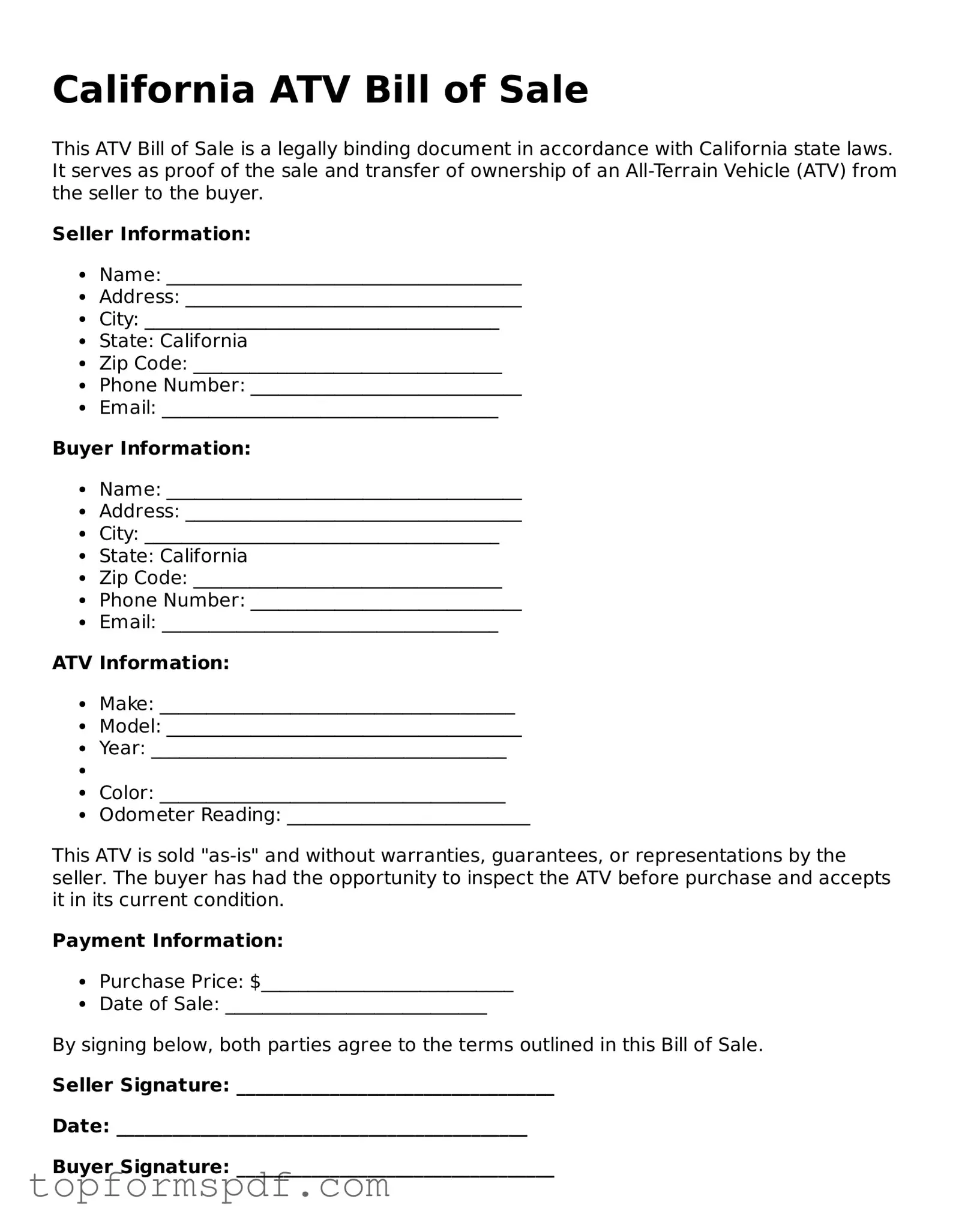 Blank California ATV Bill of Sale Template