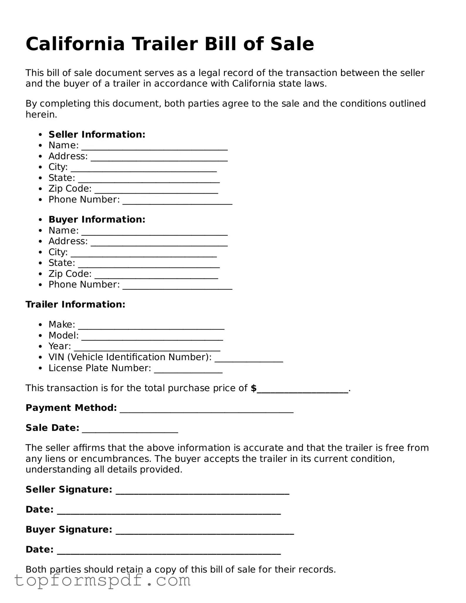 Blank California Trailer Bill of Sale Template
