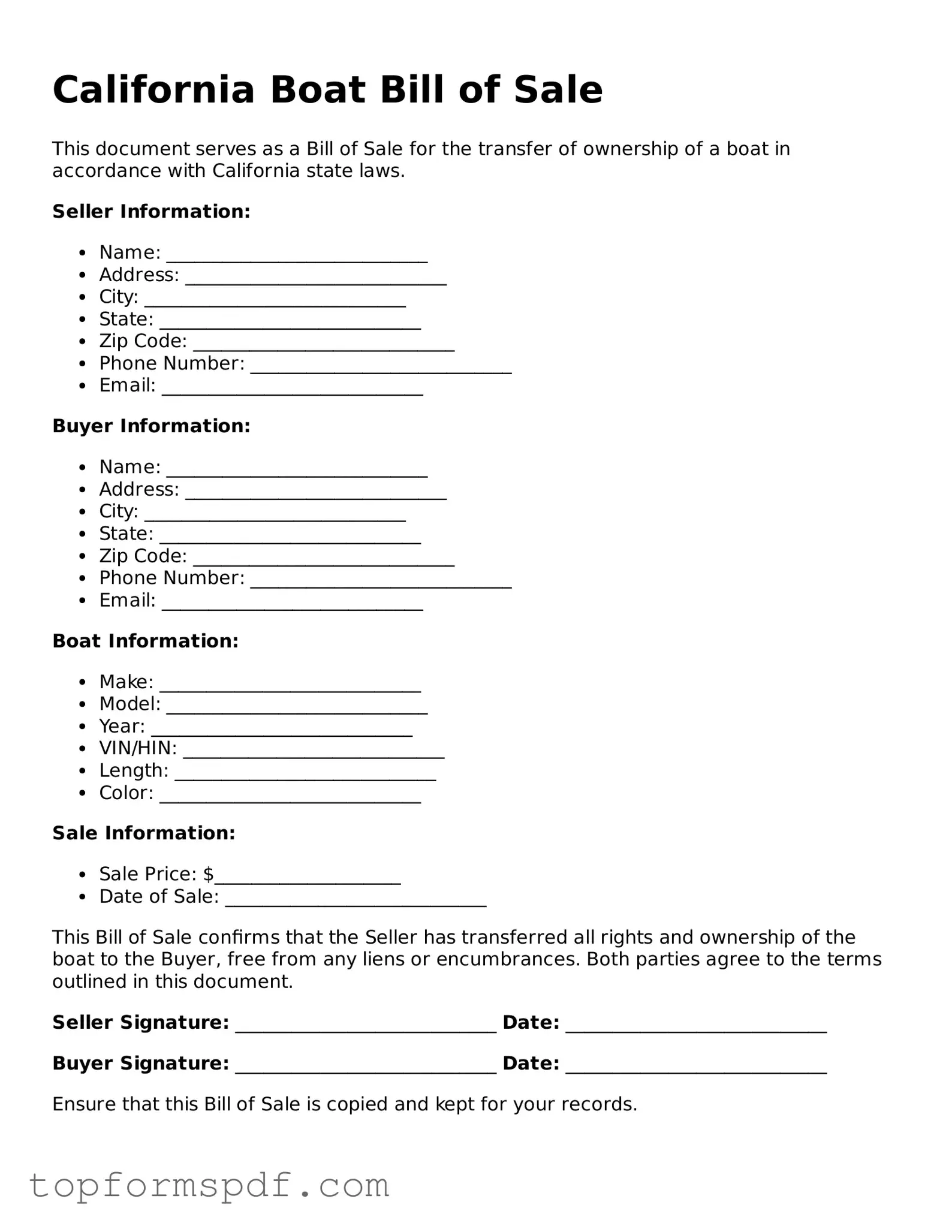 Blank California Boat Bill of Sale Template