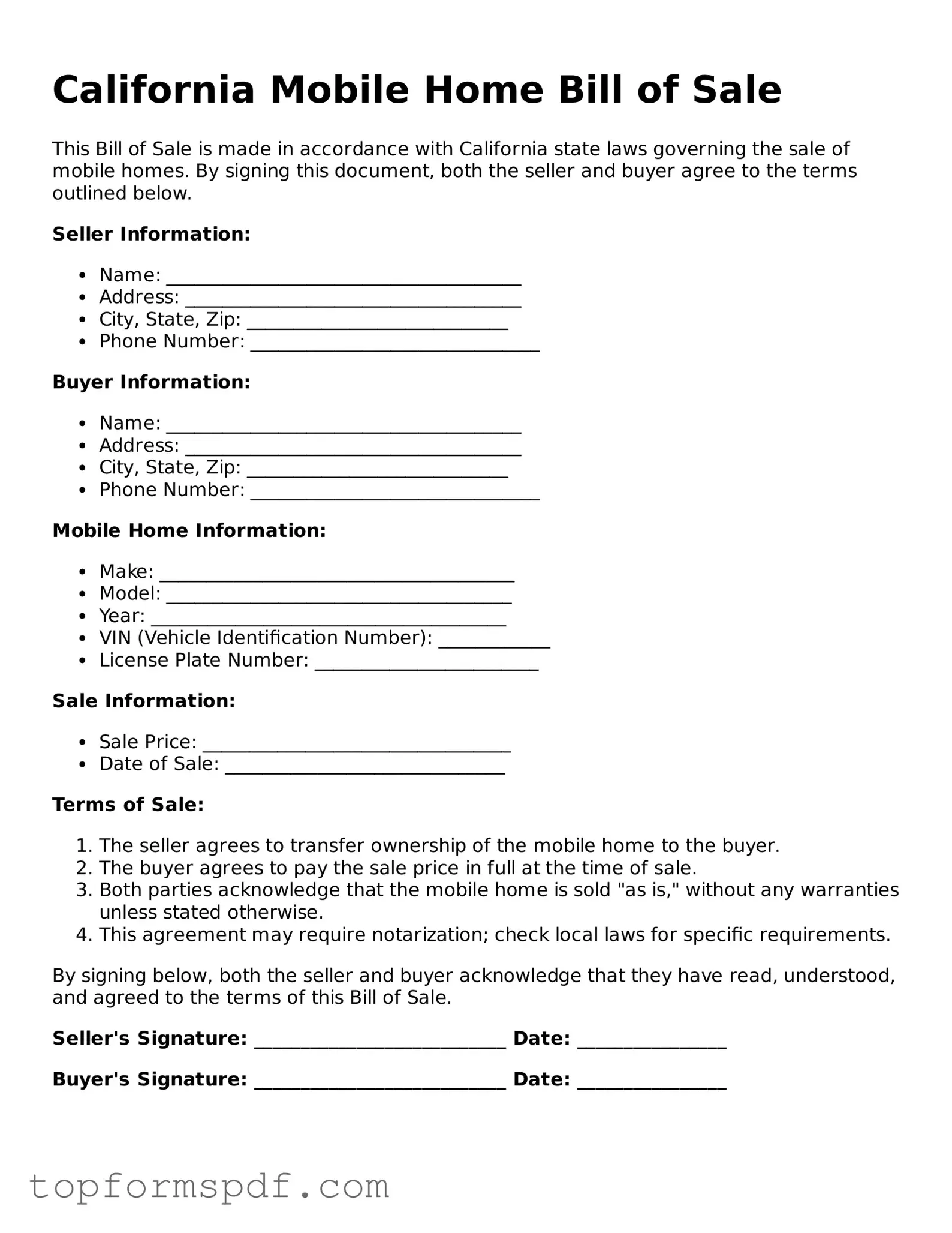 Blank California Mobile Home Bill of Sale Template