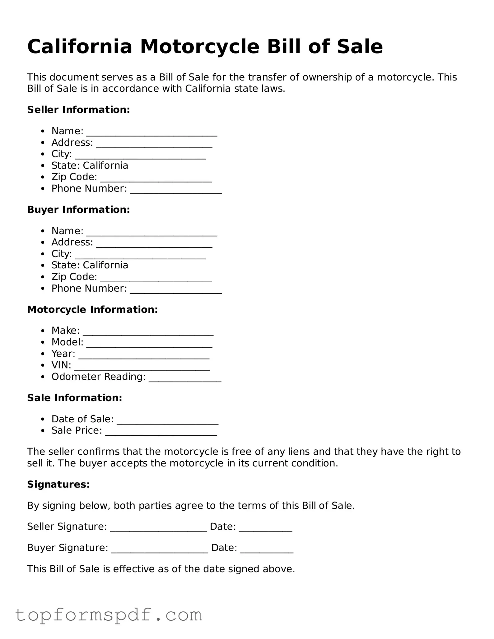 Blank California Motorcycle Bill of Sale Template