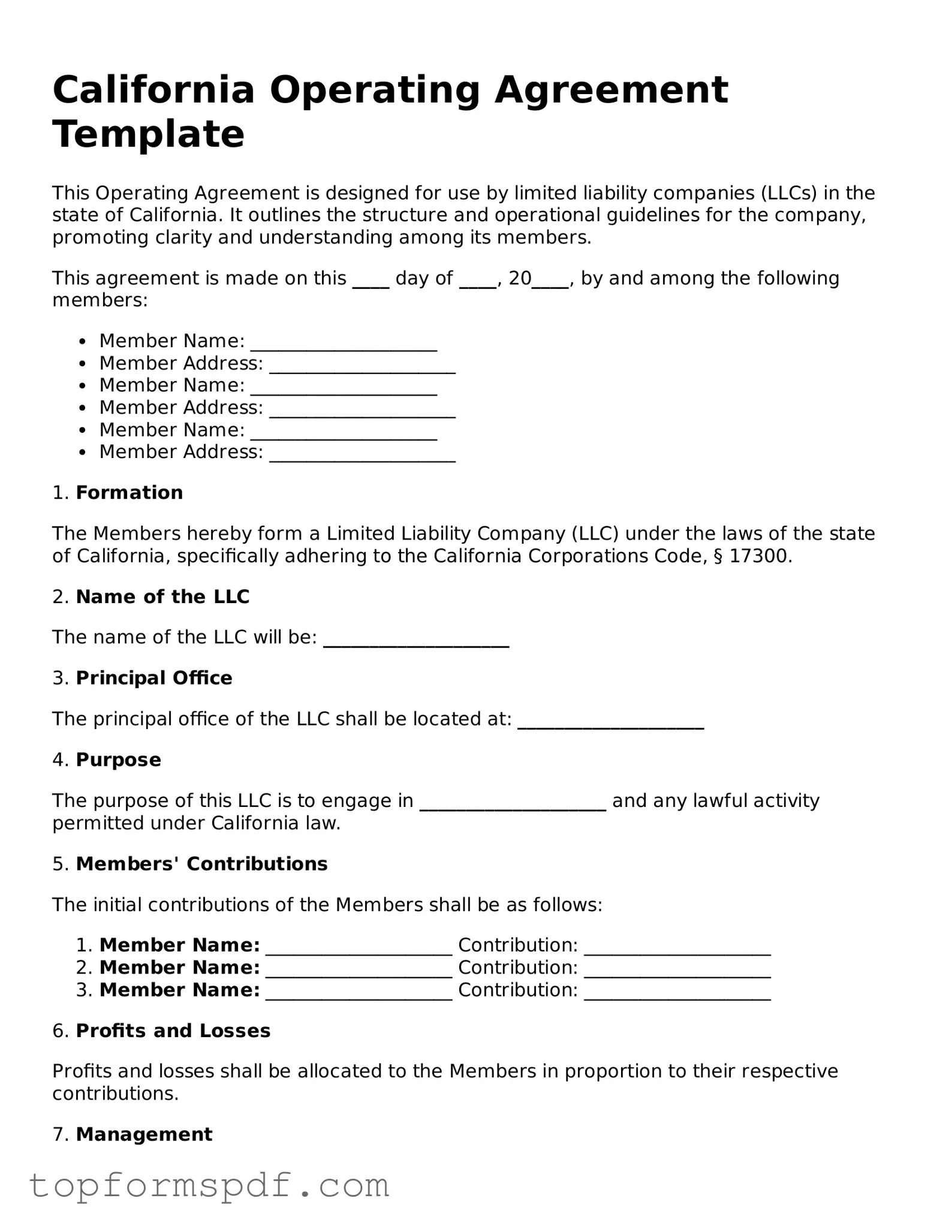 Blank California Operating Agreement Template