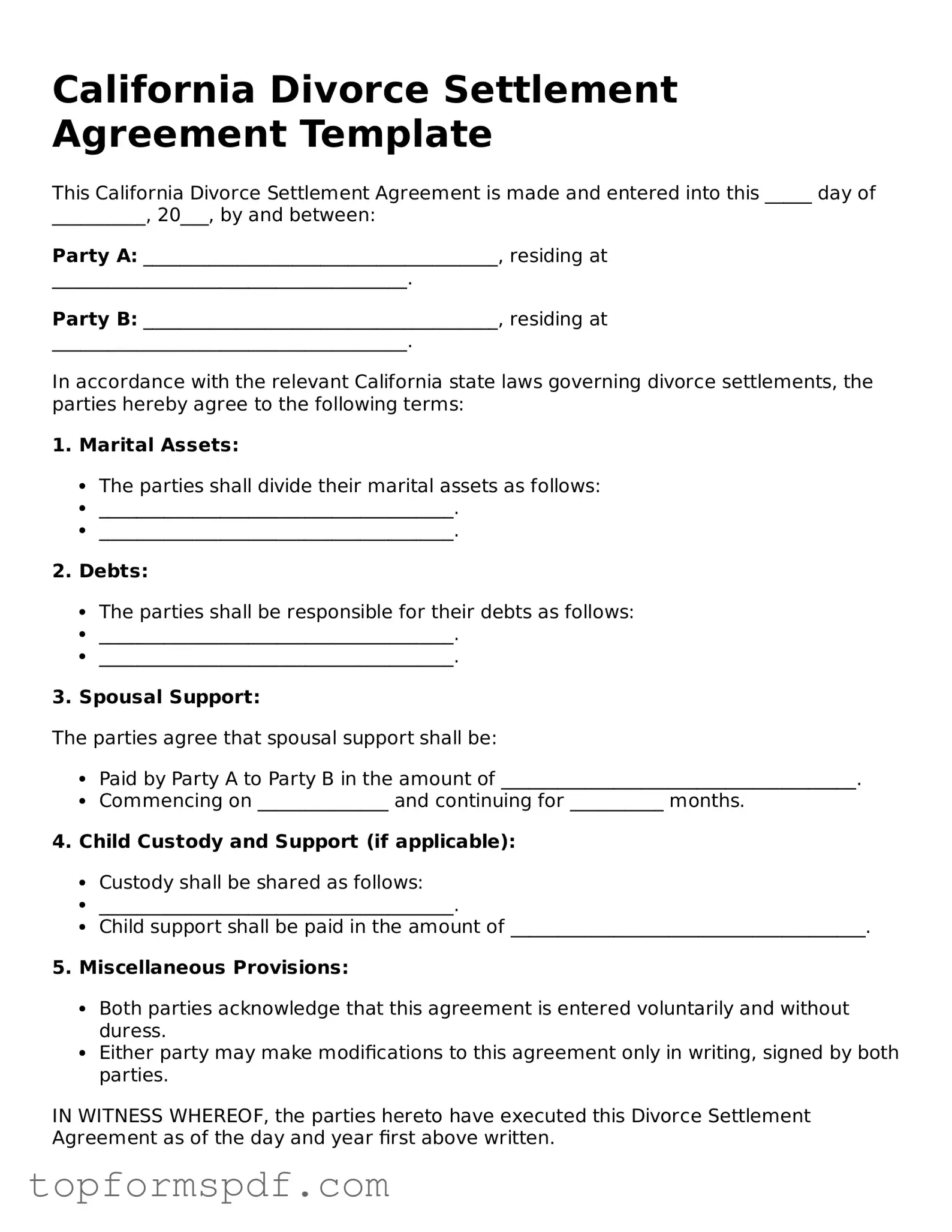 Blank California Divorce Settlement Agreement Template