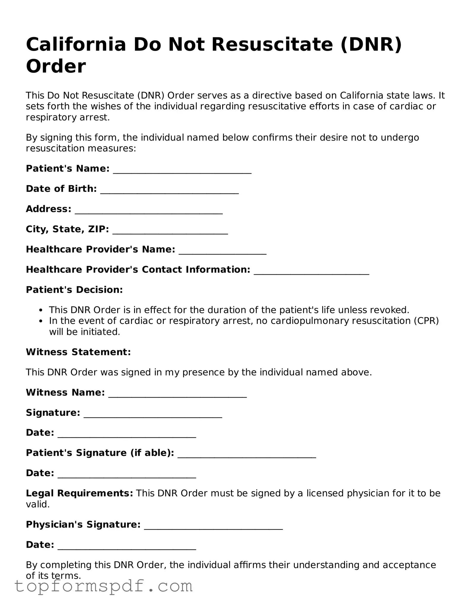 Blank California Do Not Resuscitate Order Template