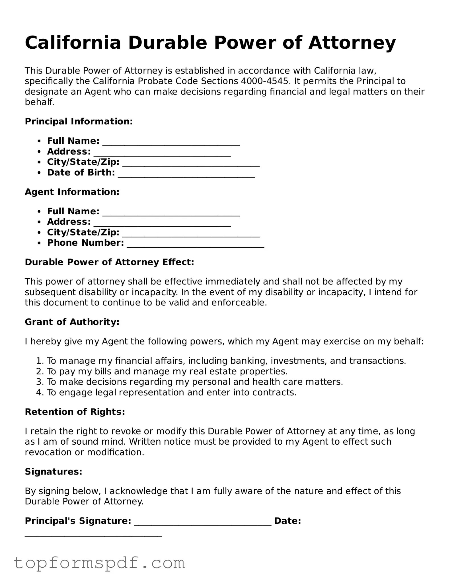 Blank California Durable Power of Attorney Template