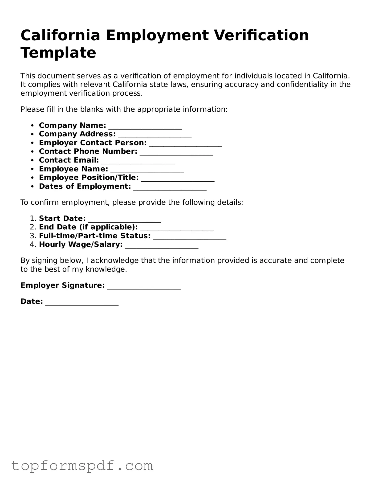 Blank California Employment Verification Template