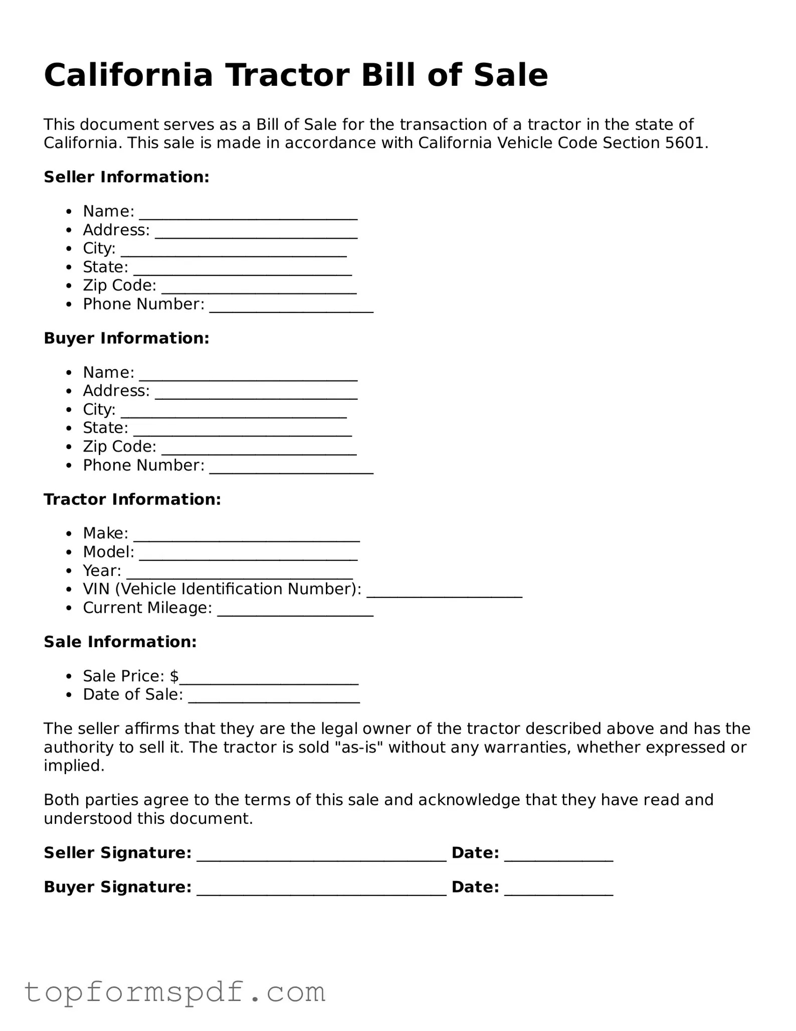 Blank California Tractor Bill of Sale Template