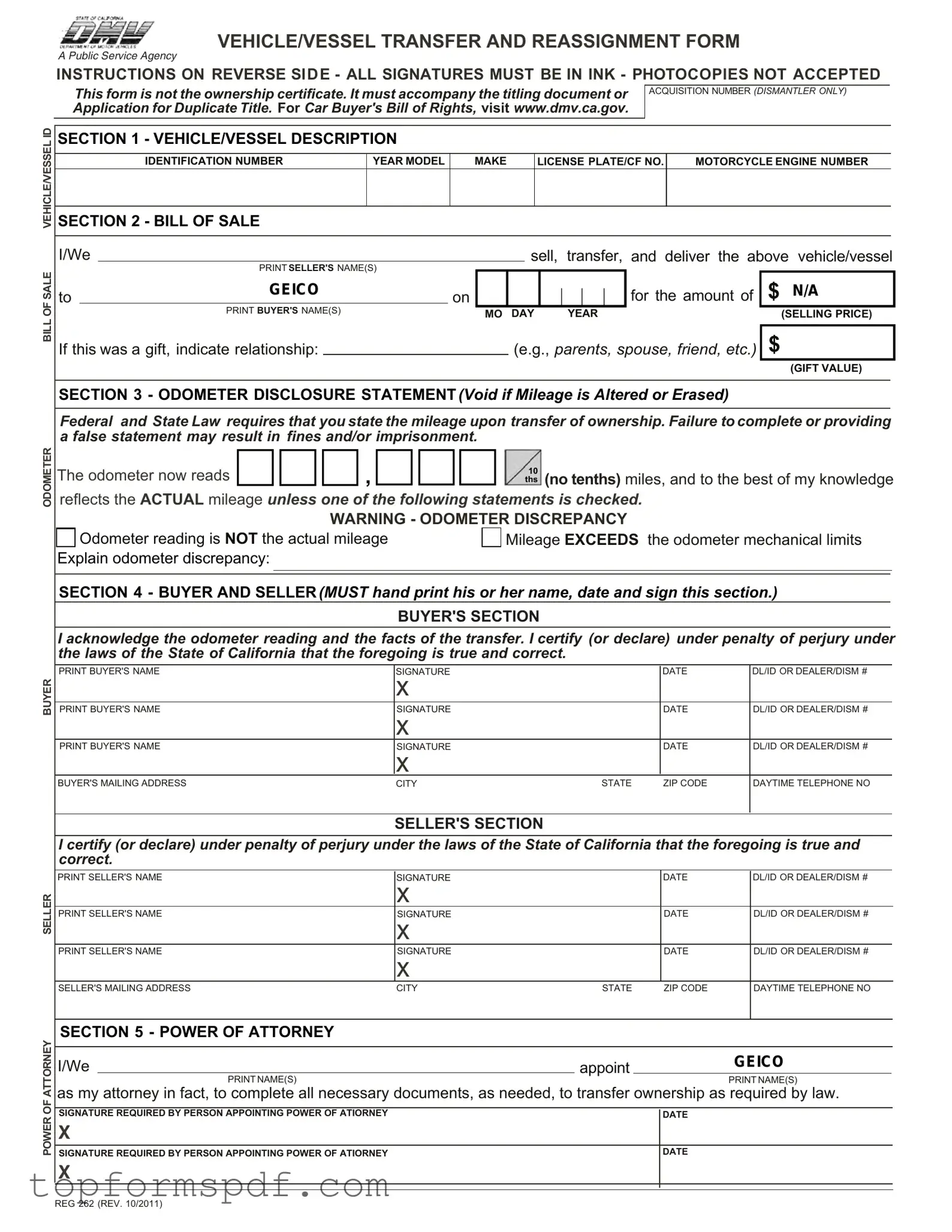 California Fotm Reg 262 Template
