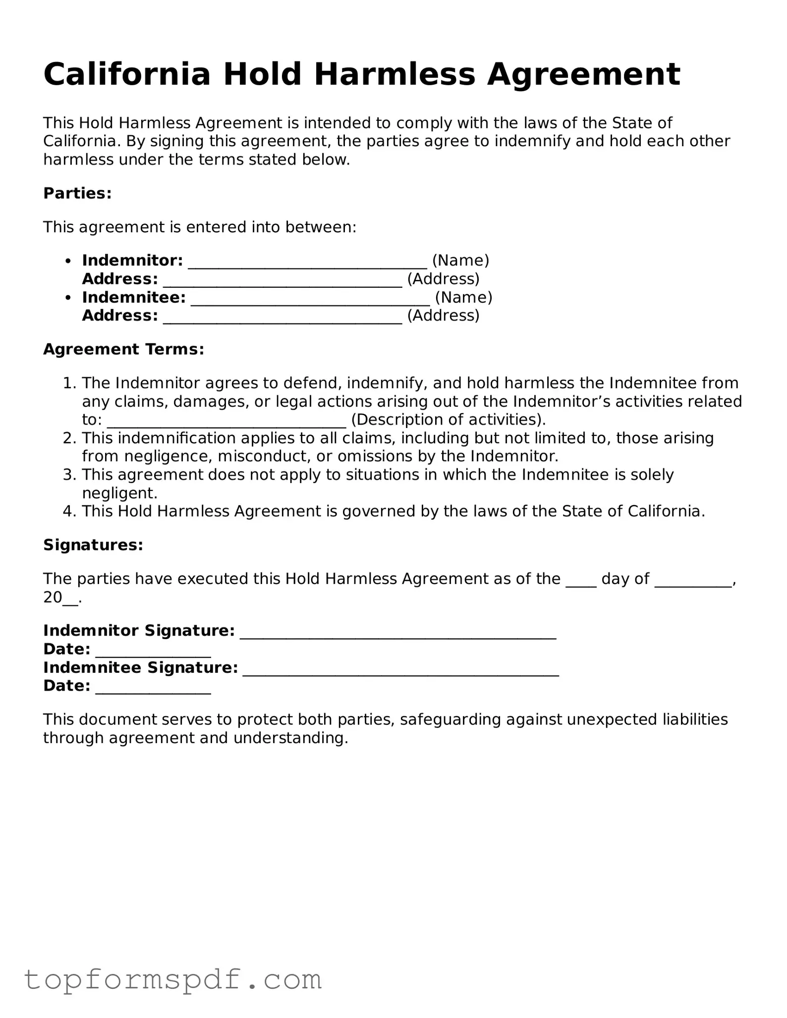 Blank California Hold Harmless Agreement Template