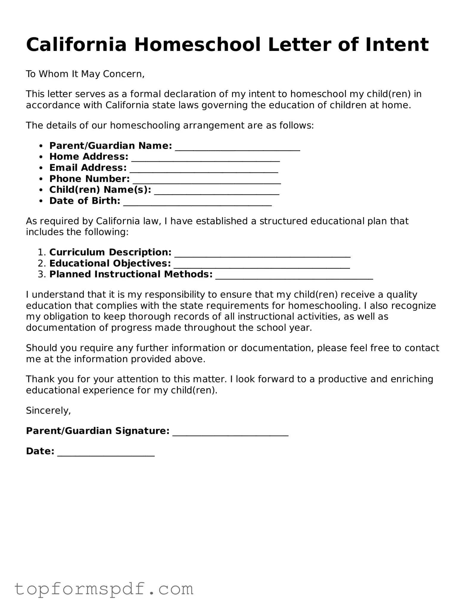 Blank California Homeschool Letter of Intent Template