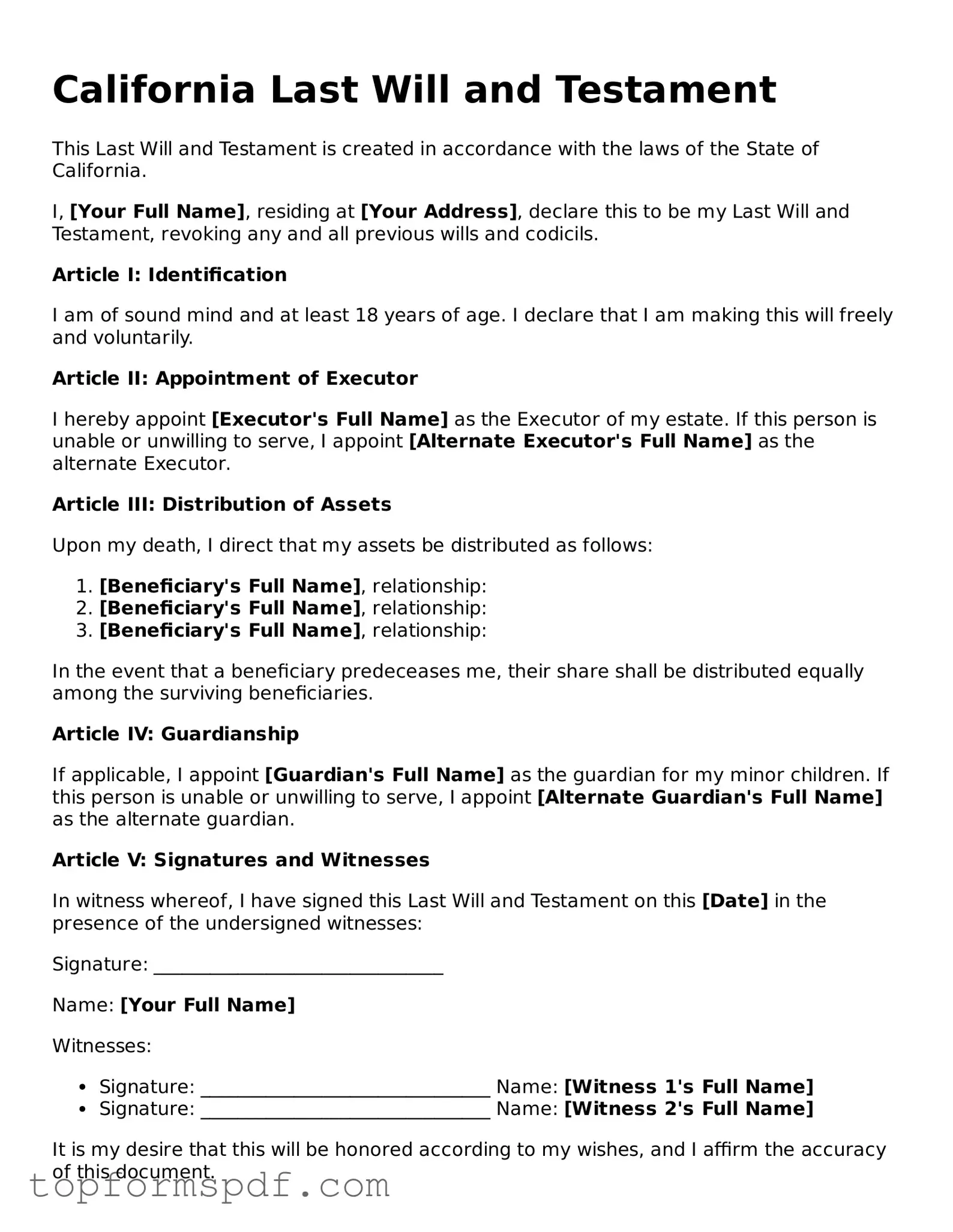Blank California Last Will and Testament Template
