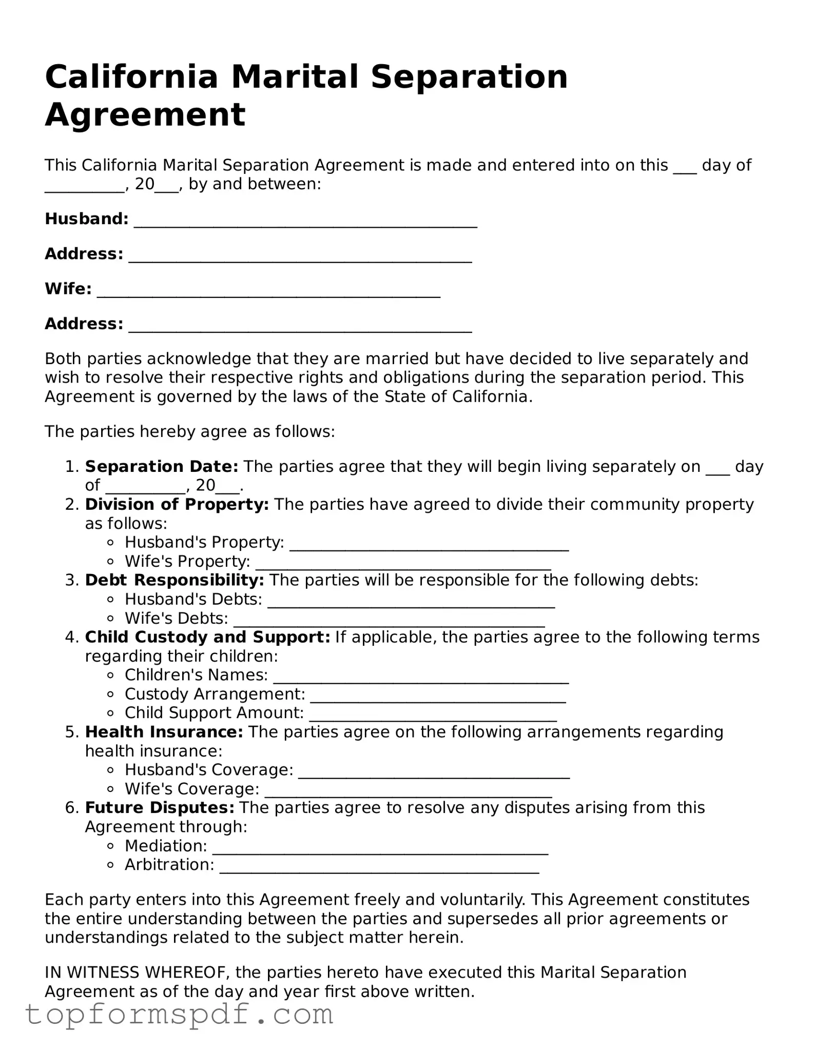 Blank California Marital Separation Agreement Template