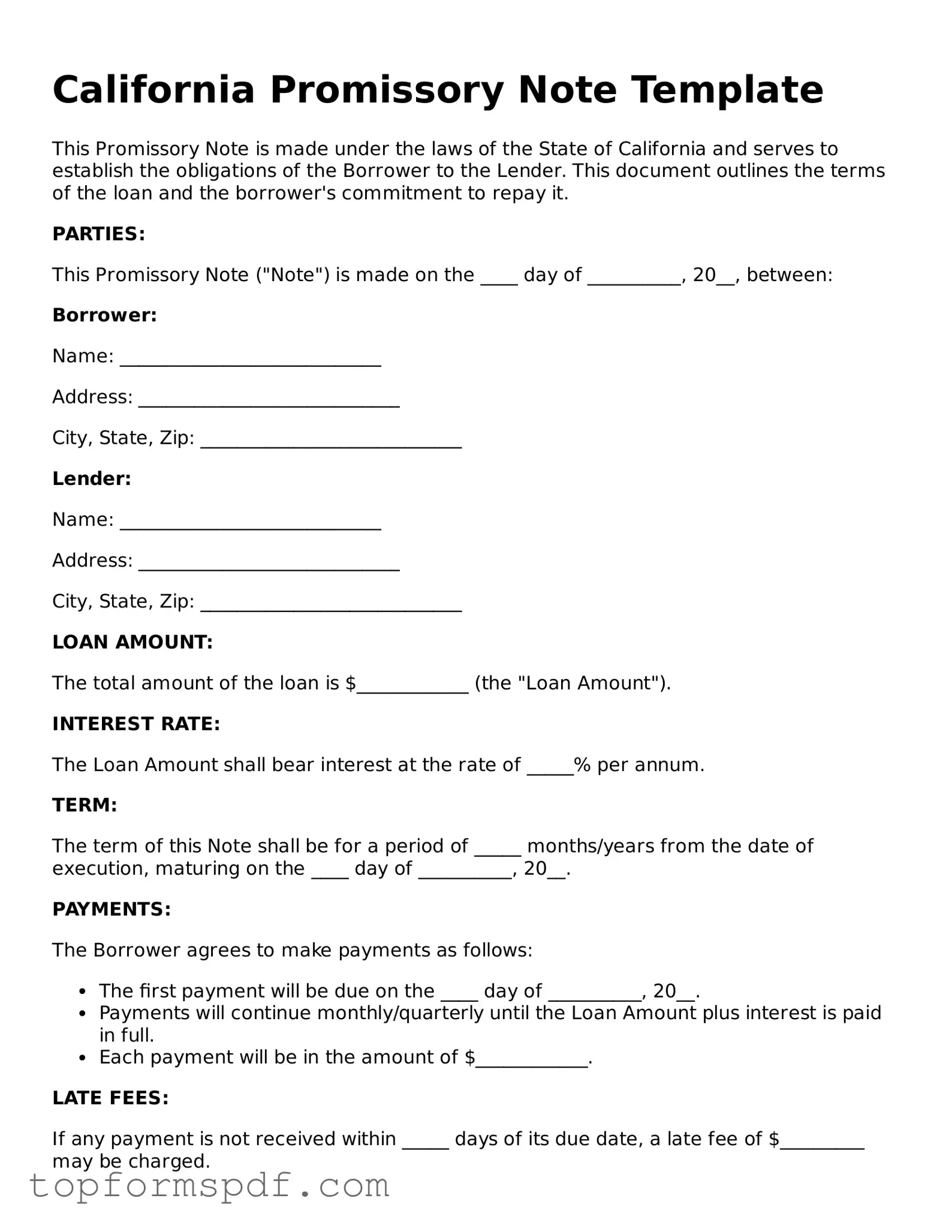 Blank California Promissory Note Template