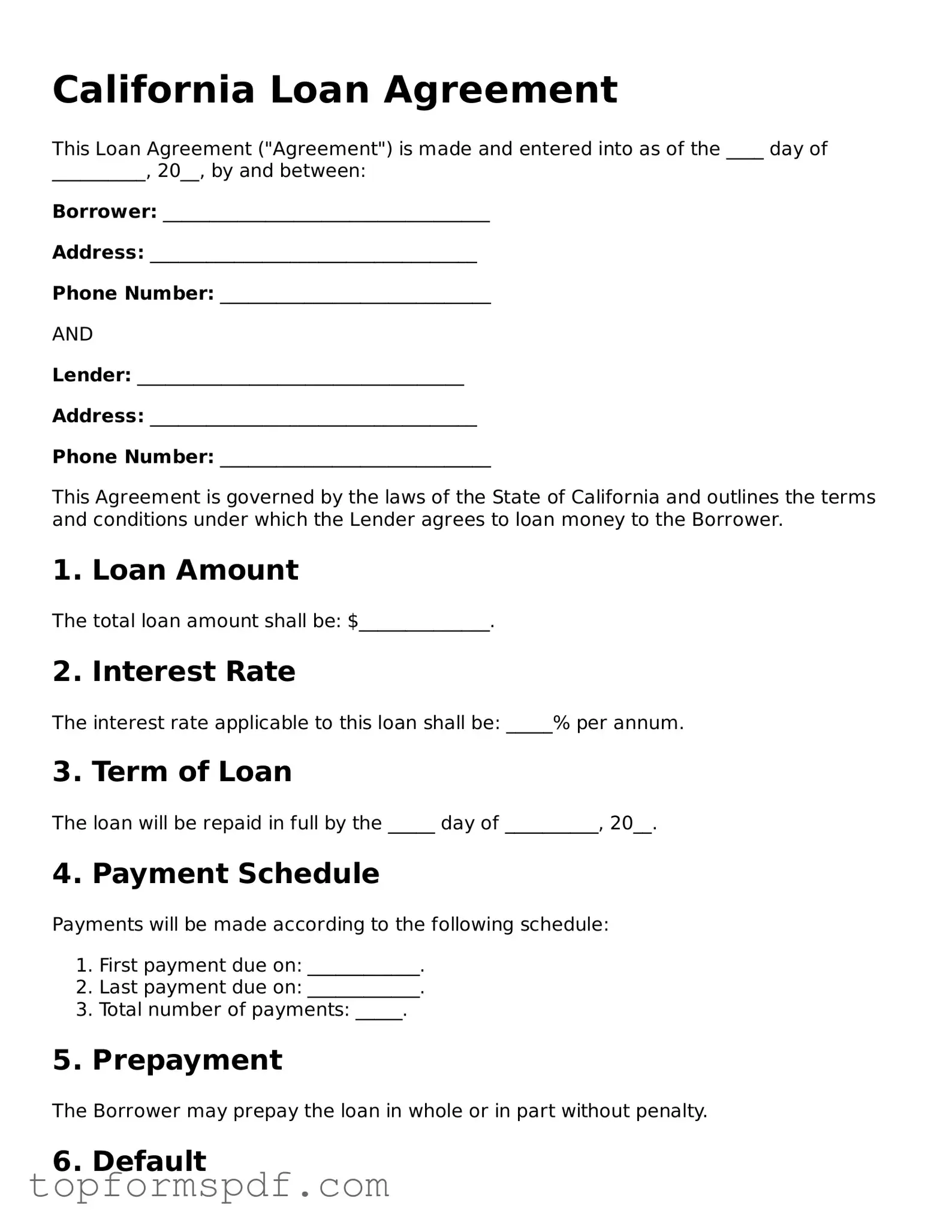Blank California Loan Agreement Template