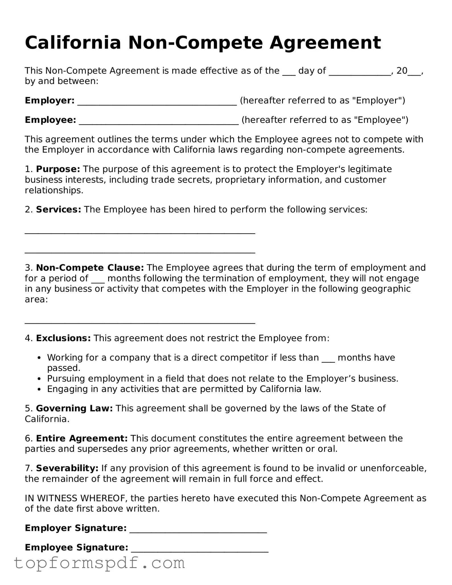 Blank California Non-compete Agreement Template