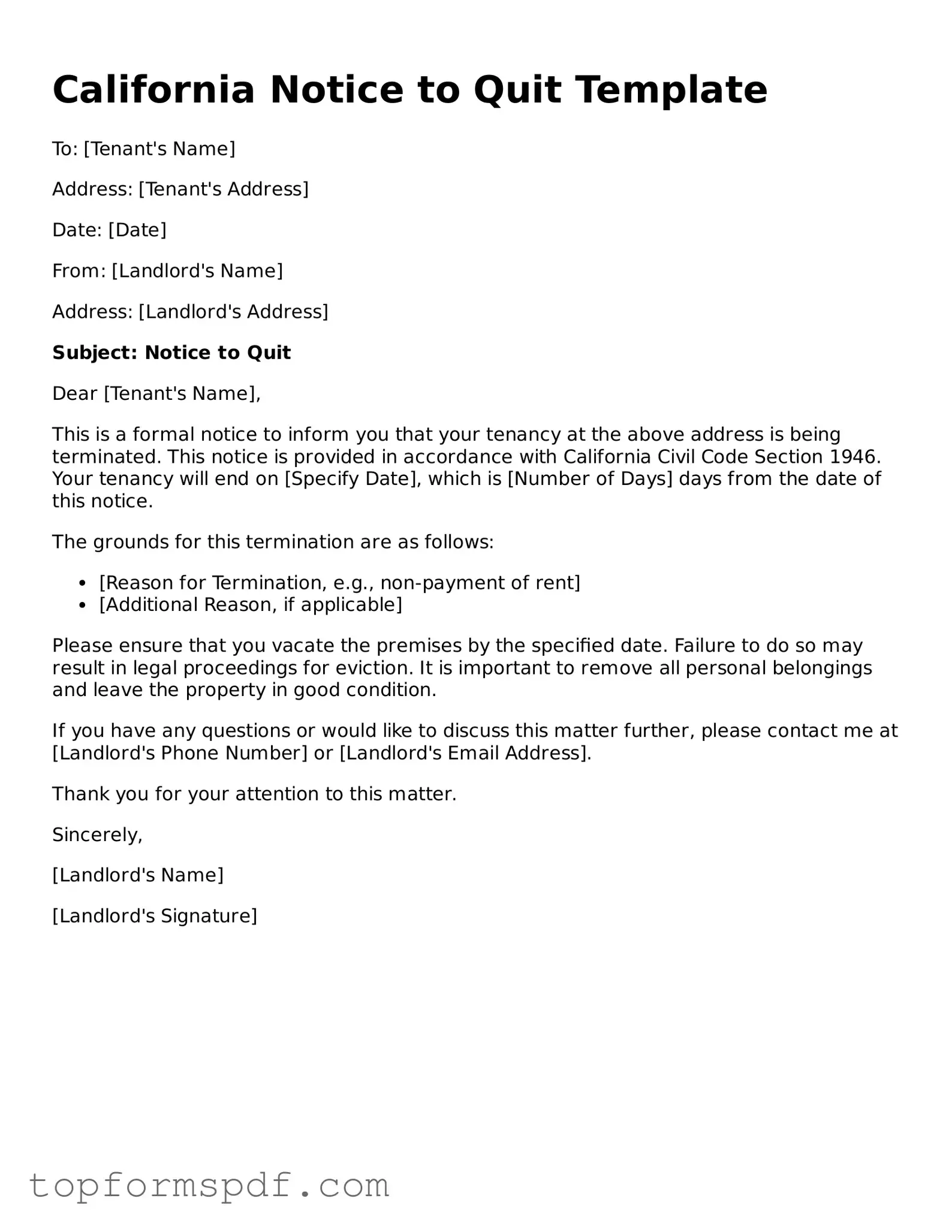 Blank California Notice to Quit Template