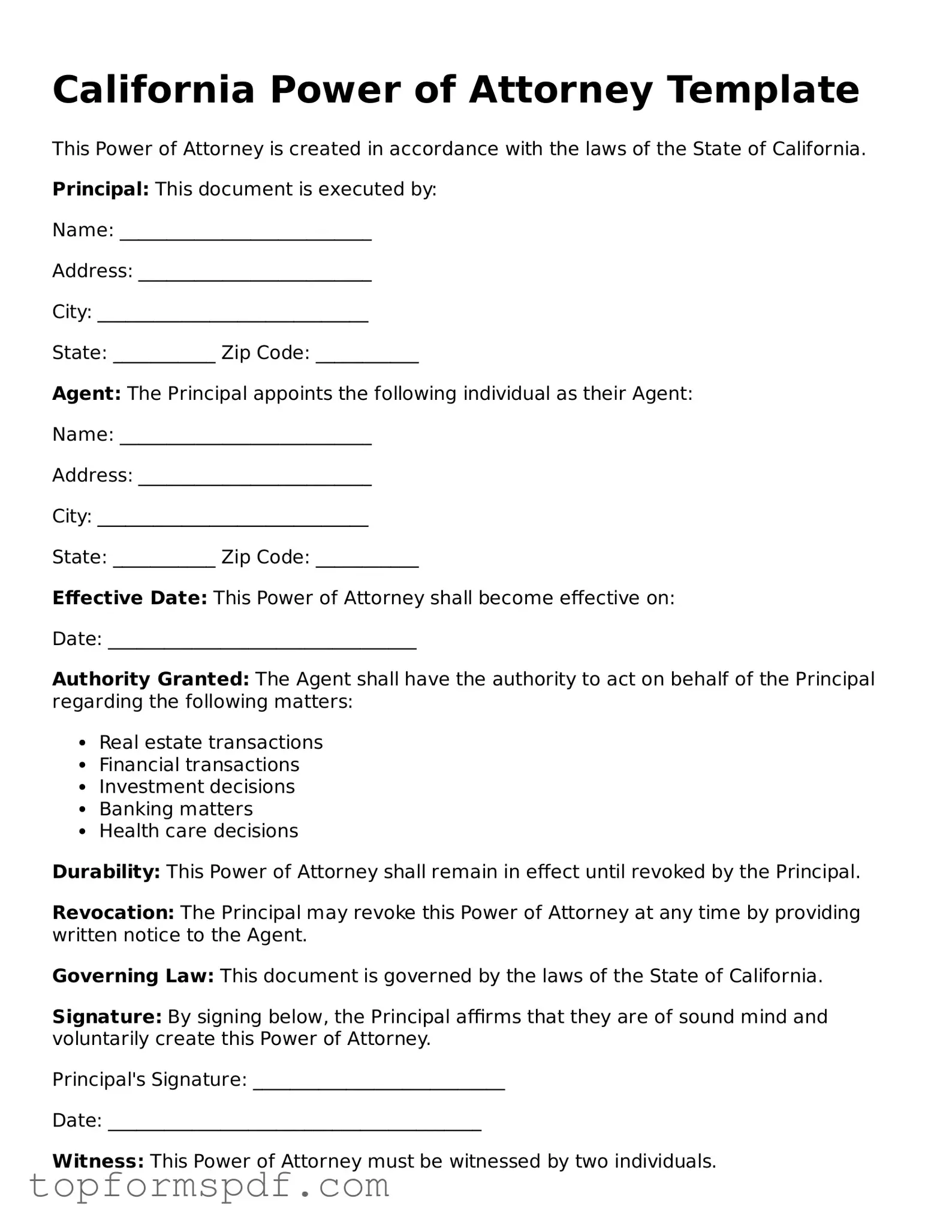 Blank California Power of Attorney Template