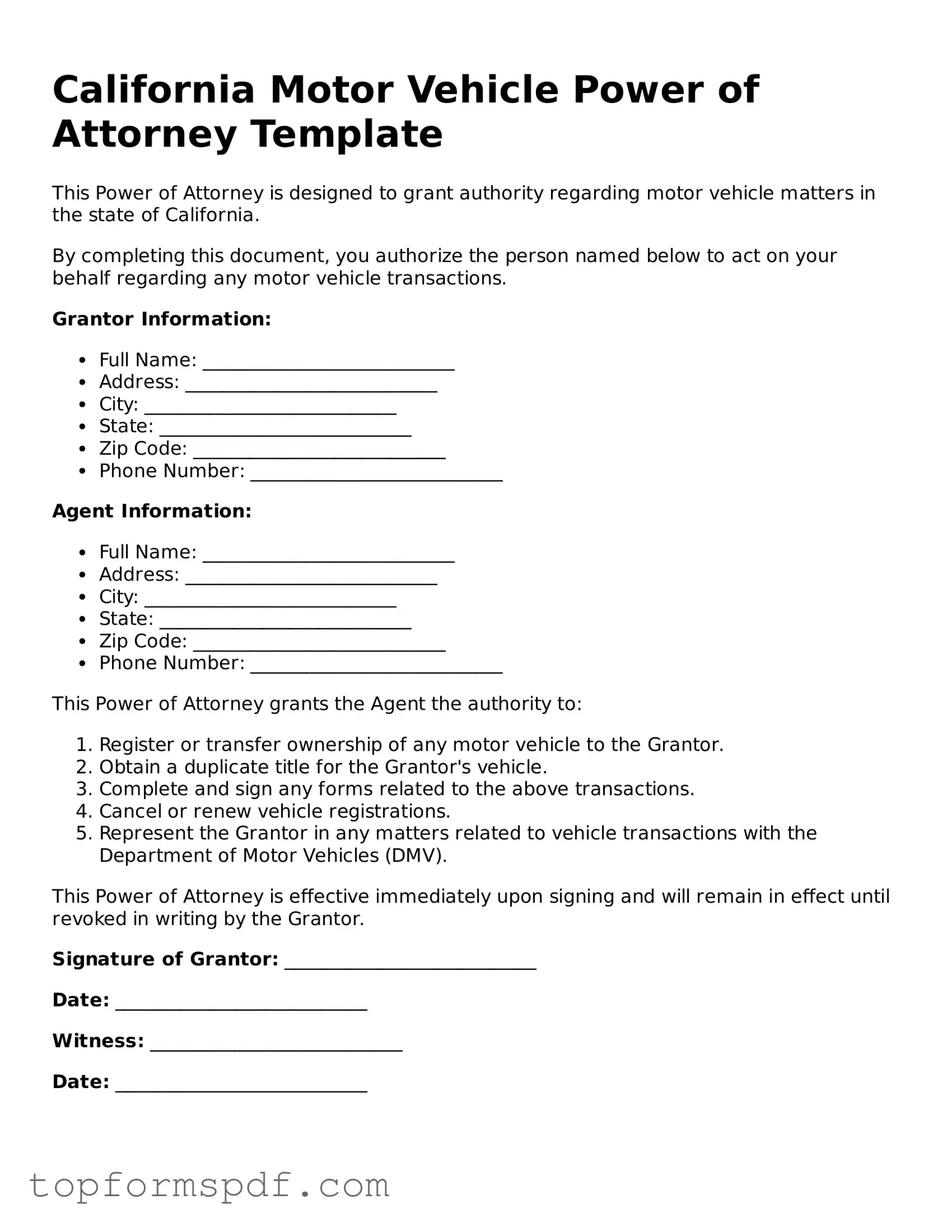 Blank California Motor Vehicle Power of Attorney Template