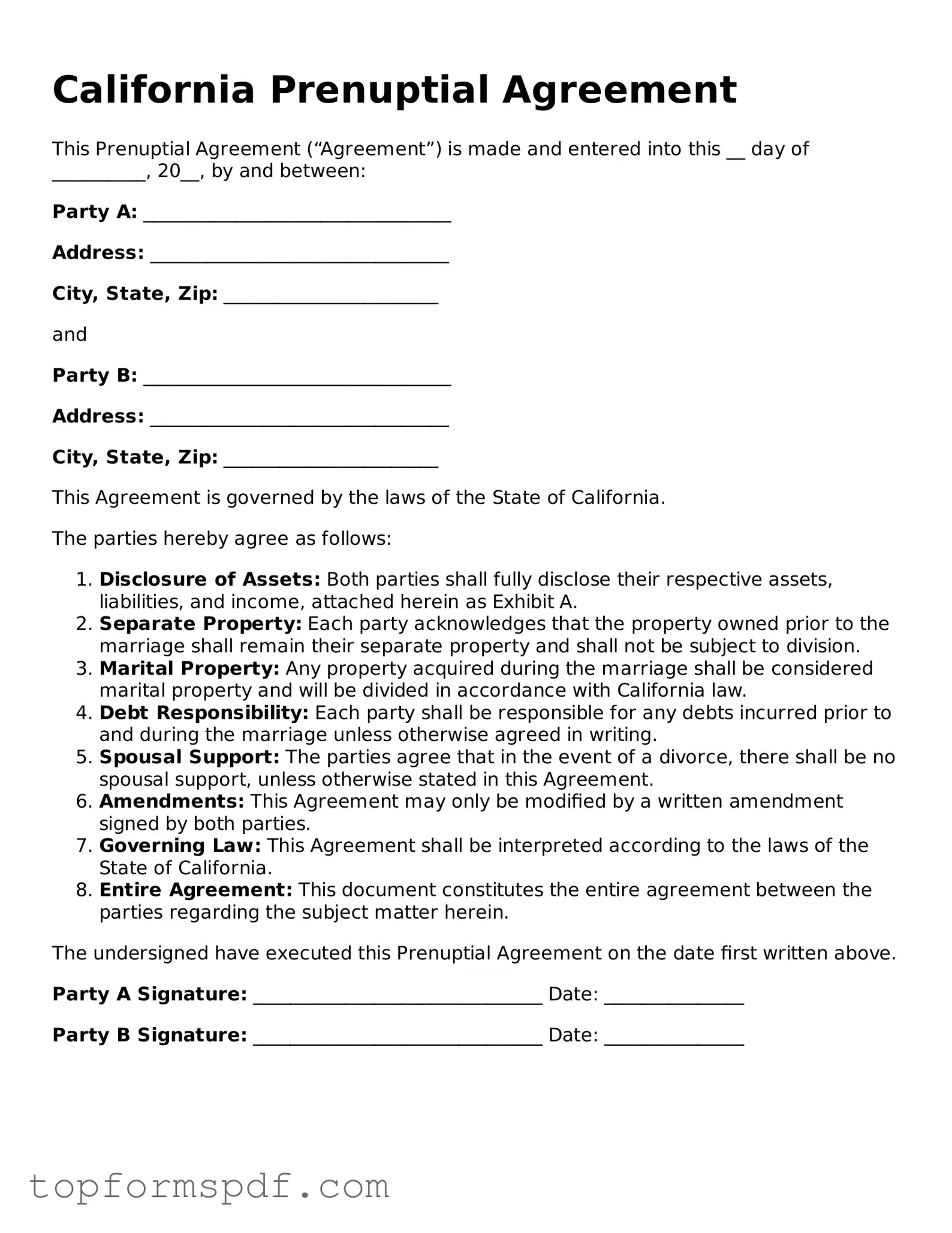 Blank California Prenuptial Agreement Template