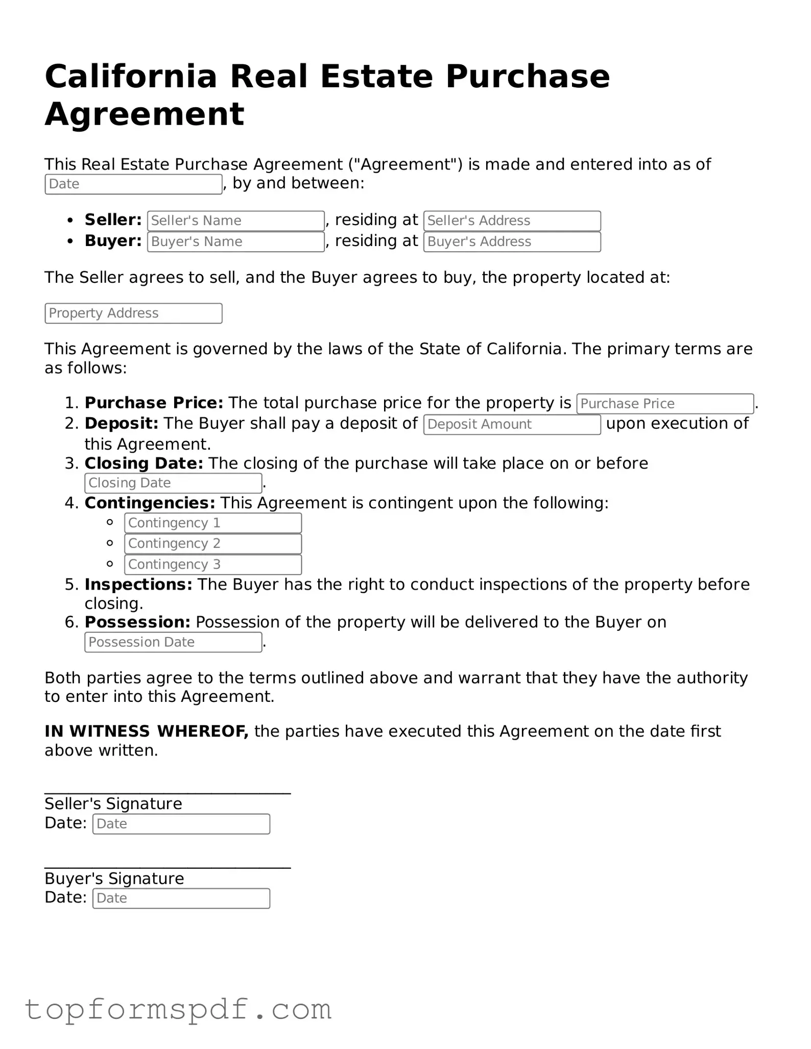 Blank California Real Estate Purchase Agreement Template