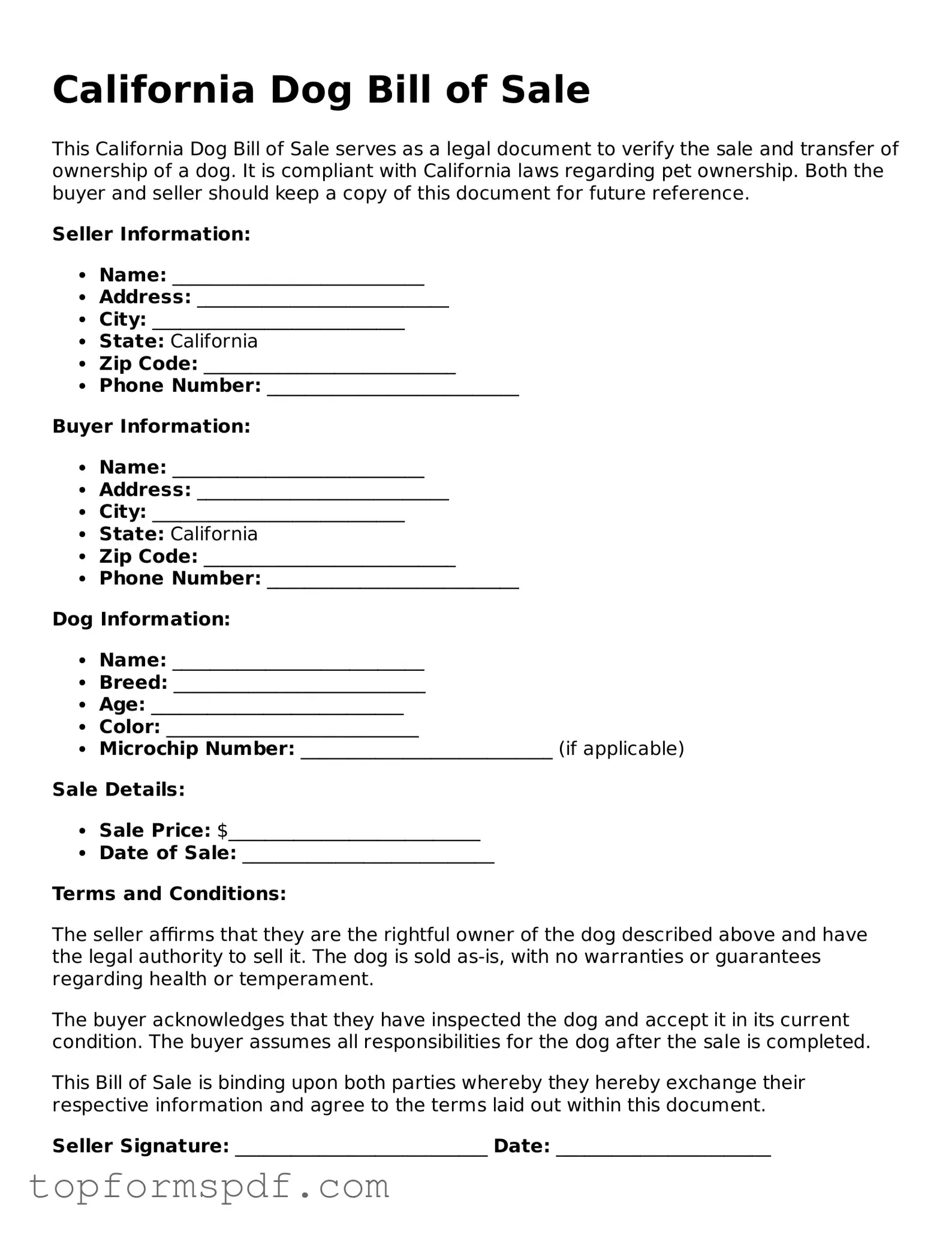 Blank California Dog Bill of Sale Template