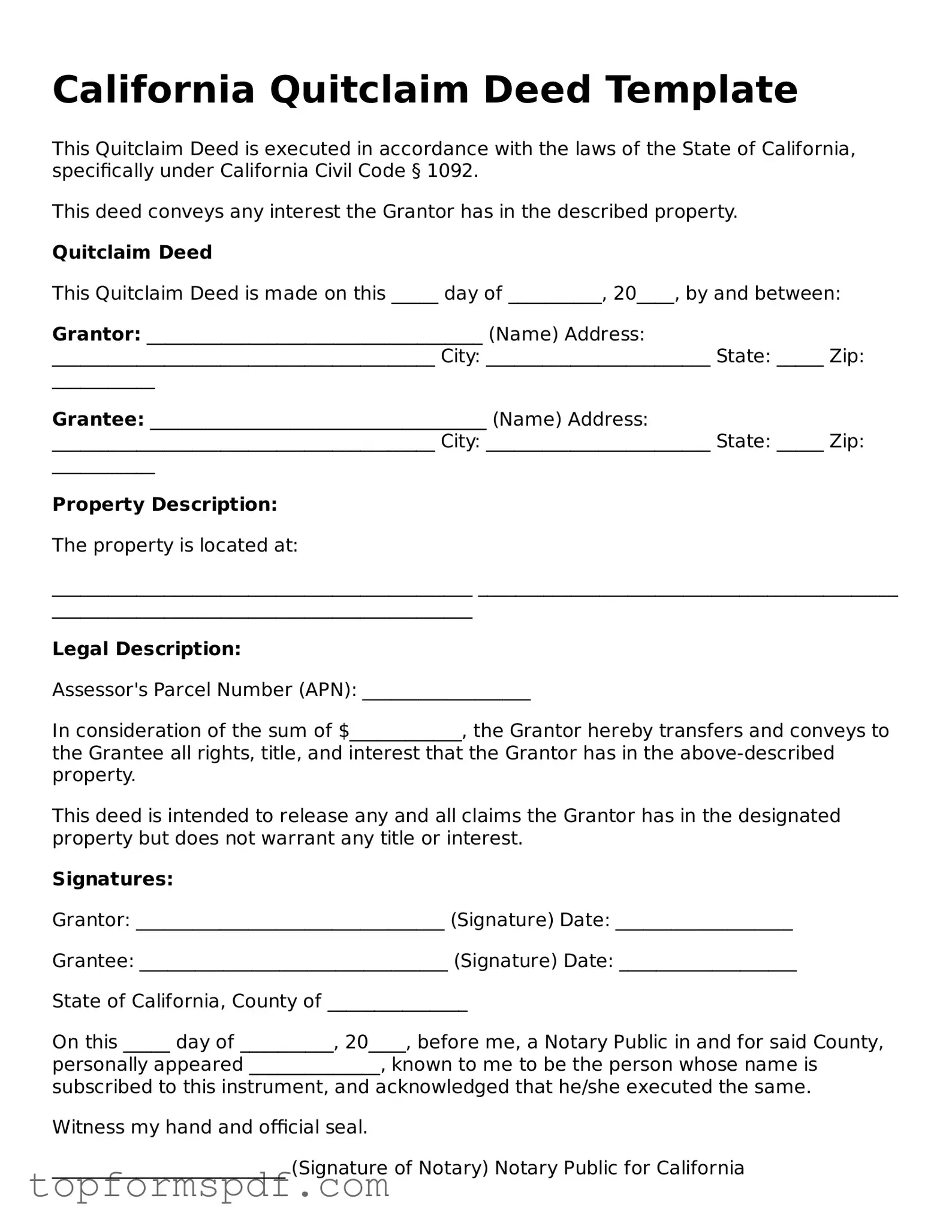 Blank California Quitclaim Deed Template