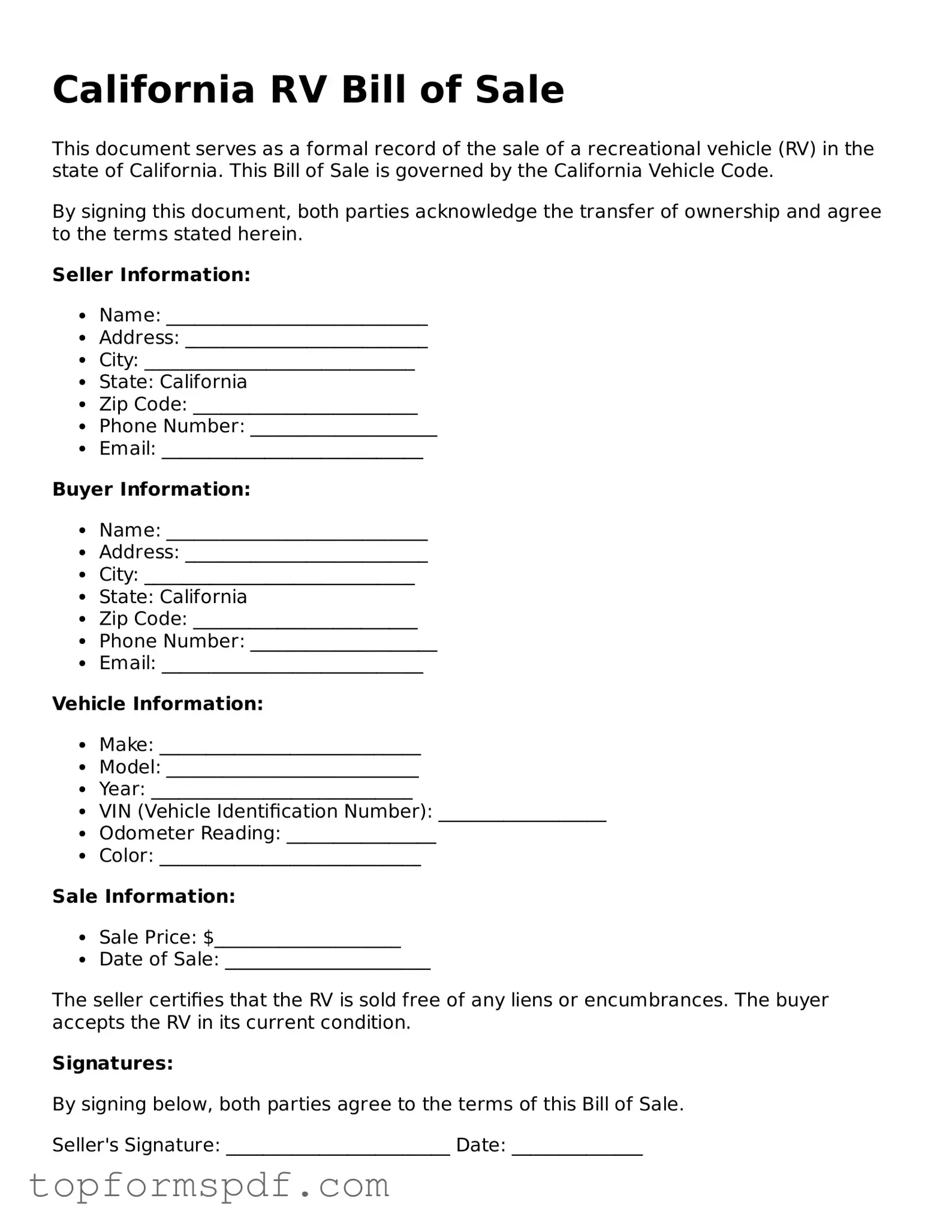 Blank California RV Bill of Sale Template