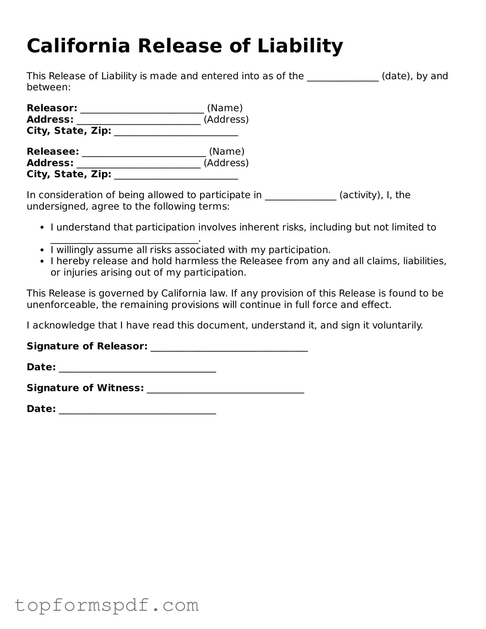 Blank California Release of Liability Template