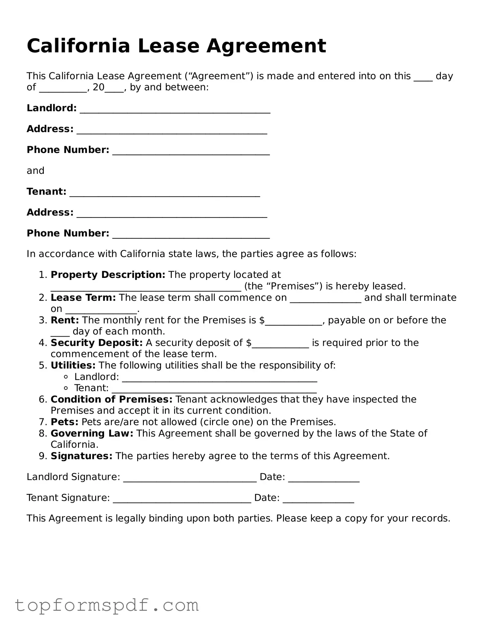Blank California Lease Agreement Template